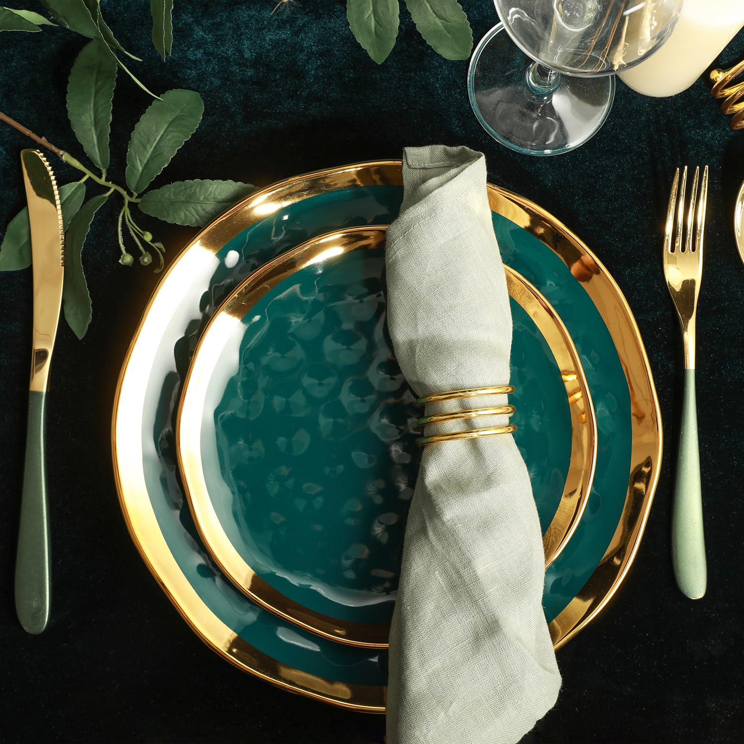 Florian Modern Porcelain 16-Piece Dinnerware Set - Green & Gold Rim Plates & Bowls for 4 - Elegant Stone Lain Dish Set for Dining, Entertaining & Everyday Use