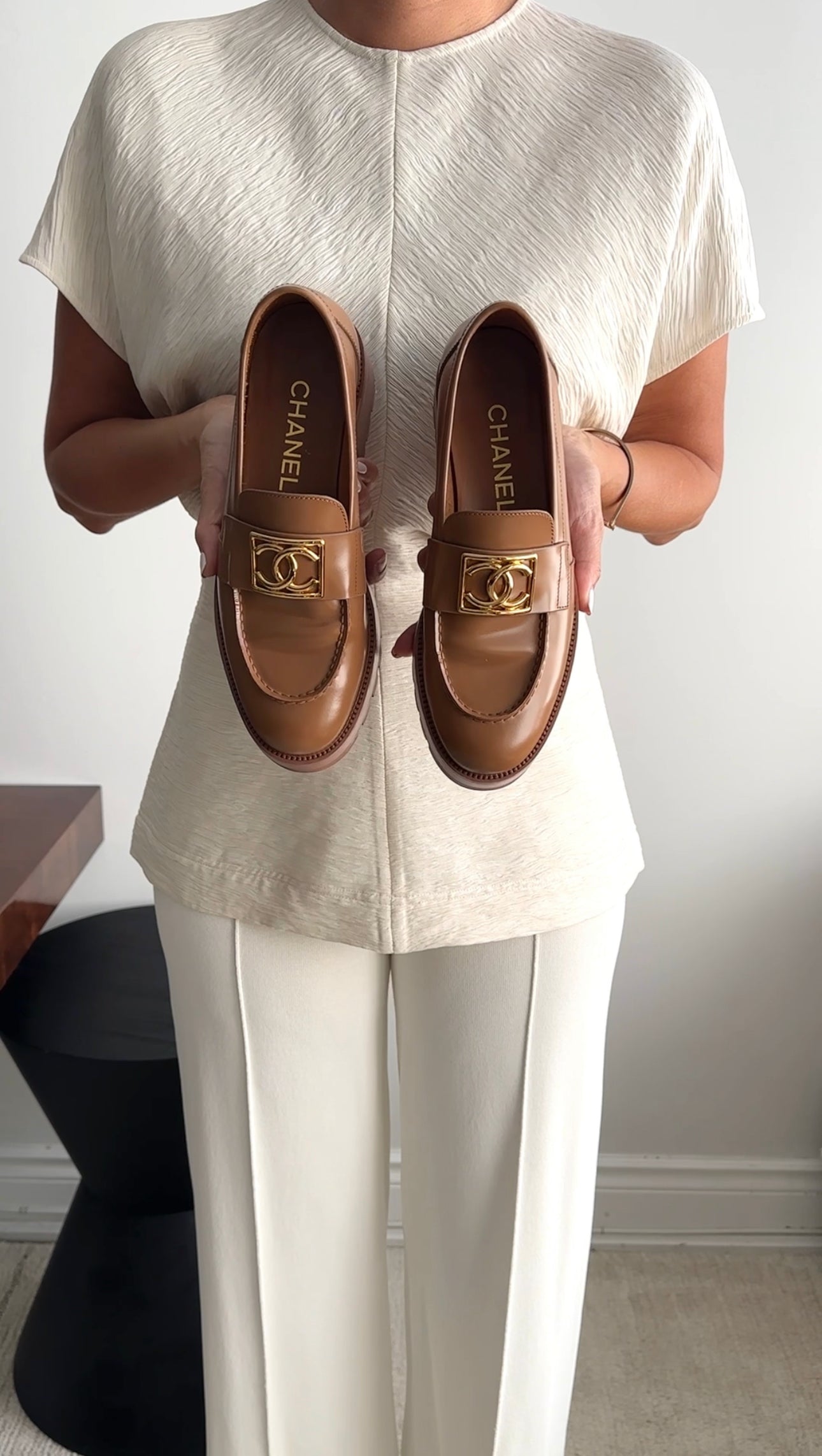 Chanel 2023 Tan Glossed Leather CC Tread Loafers Size 37 - Women's Luxury Designer Shoes for Work, Office & Formal Occasions