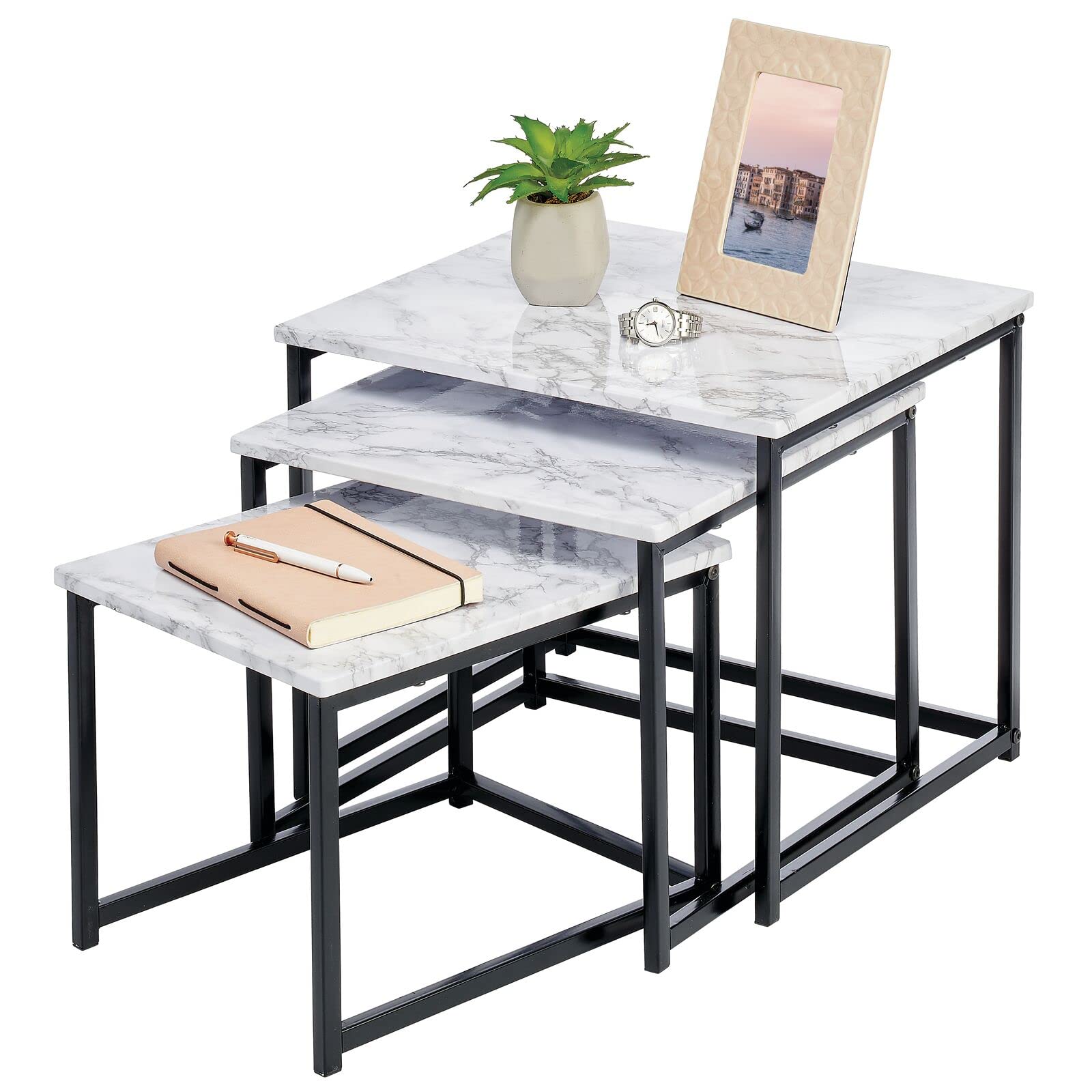 Modern Industrial Nesting Tables Set of 3 - Stackable Nightstand, Side Table & Coffee Table with Metal Wood Design - Rustic Accent Furniture for Living Room, Bedroom & Home Office - Marble/Black Finish - Perfect for Small Spaces & Multi-Purpose Use