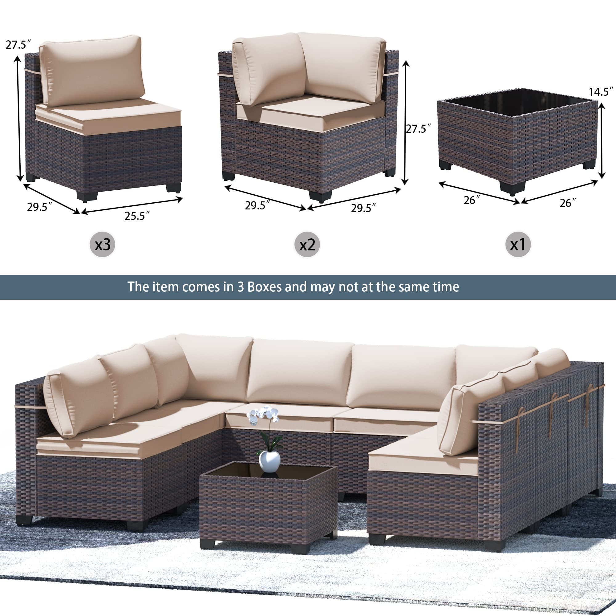 **9-Piece All-Weather Outdoor Patio Furniture Set - PE Wicker Modular Sectional Sofa with Coffee Table & 8 Chairs (Brown) - Perfect for Backyard, Garden, Poolside & Patio Relaxation**