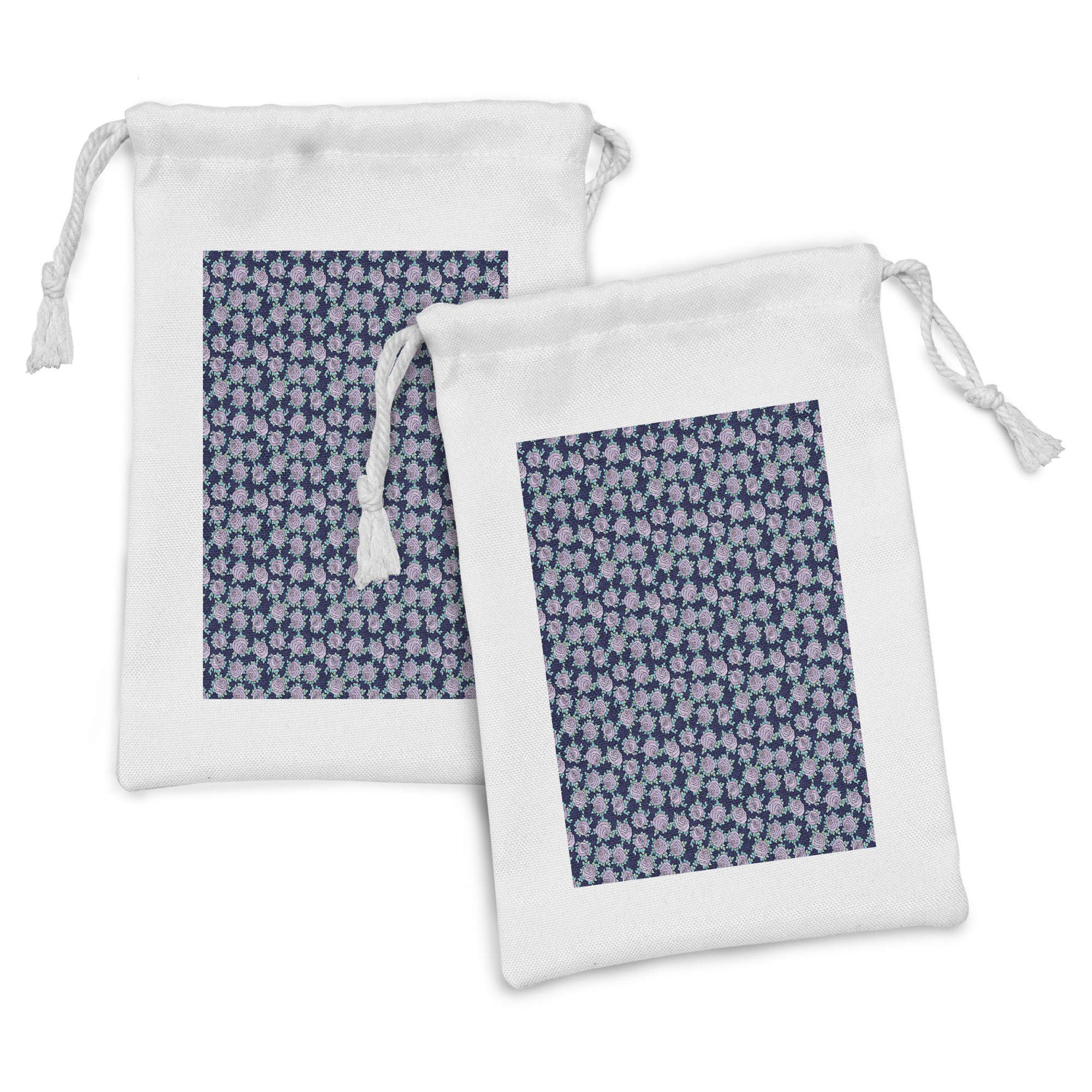 Ambesonne Rose Fabric Pouch Set of 2 - Romantic Floral Drawstring Bags with Blue Leaves Design for Toiletries, Jewelry & Travel Essentials | 9