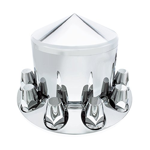 United Pacific Chrome Pointed Axle Cover Combo Kit with 33mm Nut Cover for Semi Trailer - Thread-On Installation - Heavy Duty Truck & Trailer Axle Protection for Long Haul & Commercial Use