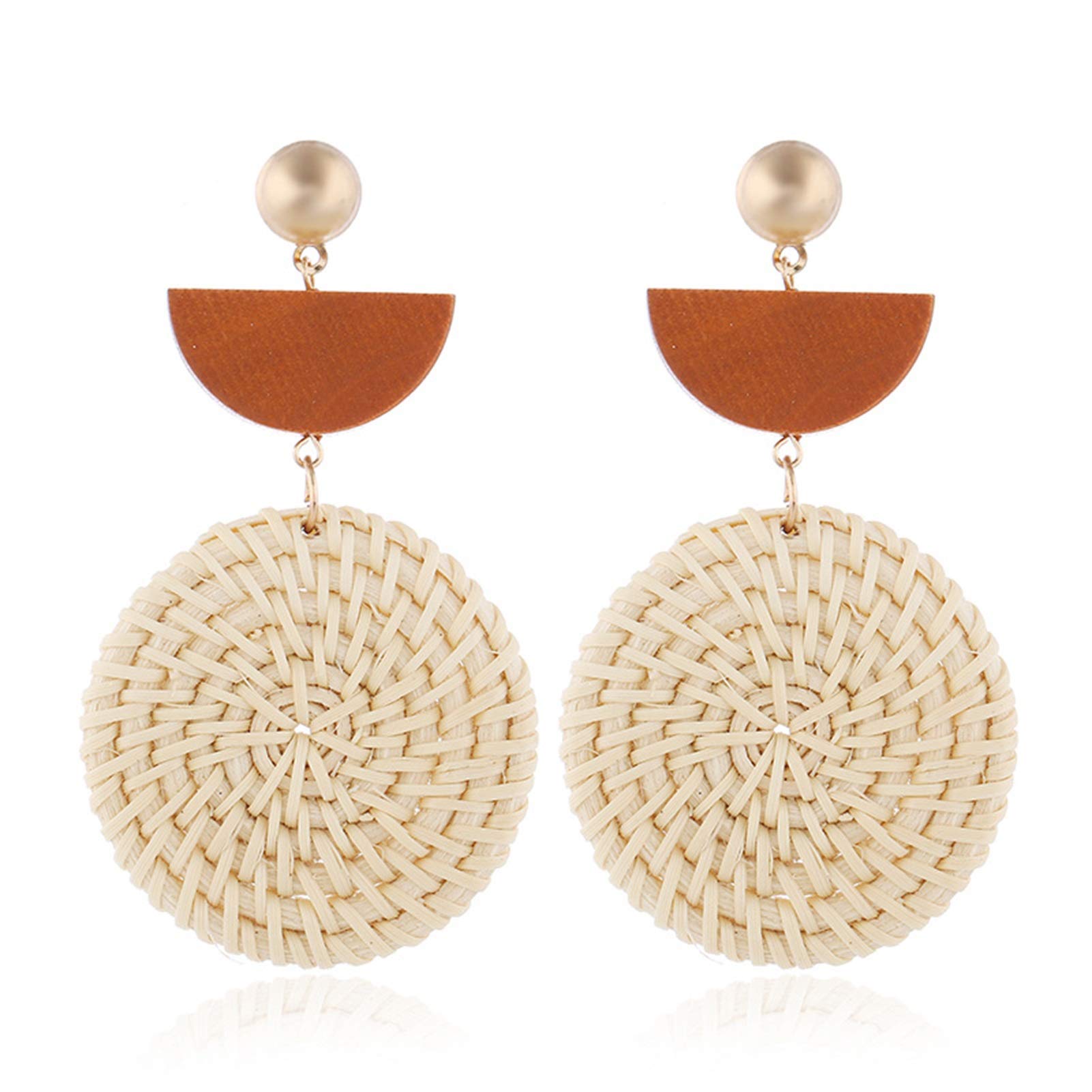 Handmade Bohemian Rattan Dangle Earrings for Women - Lightweight Geometric Drop Earrings, Handwoven Natural Fiber Jewelry | Perfect for Summer Outfits, Beach Vacations & Boho Fashion