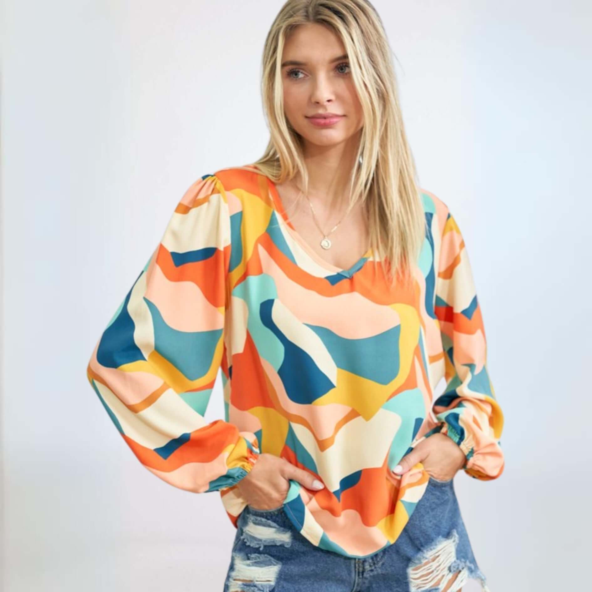 Stylish V-Neck Printed Blouse for Women | Trendy Floral Design | Made in USA | Perfect for Office Wear & Casual Outfits