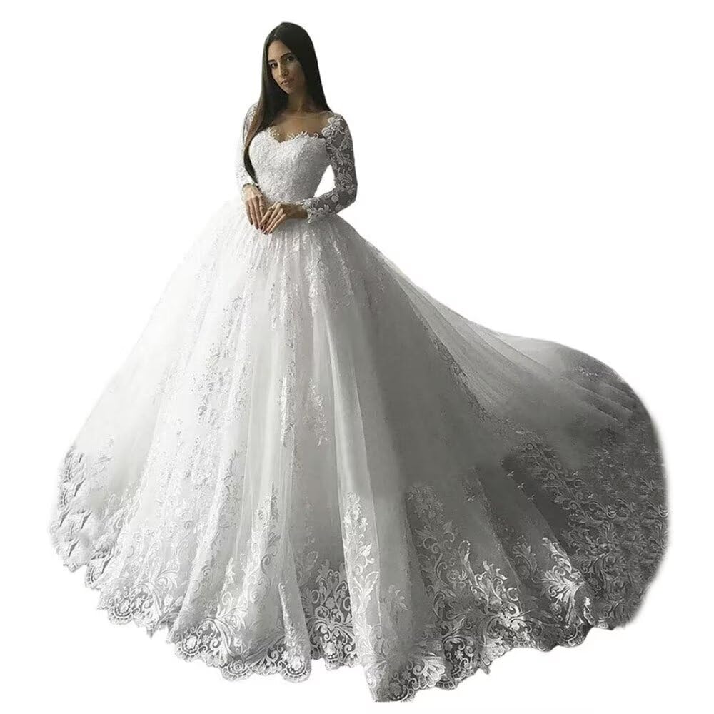 XYAYE Elegant Long Sleeve Lace Wedding Dress for Bride - Modest Bridal Gown with Train, Applique Detailing - Perfect for Church, Beach, and Formal Weddings