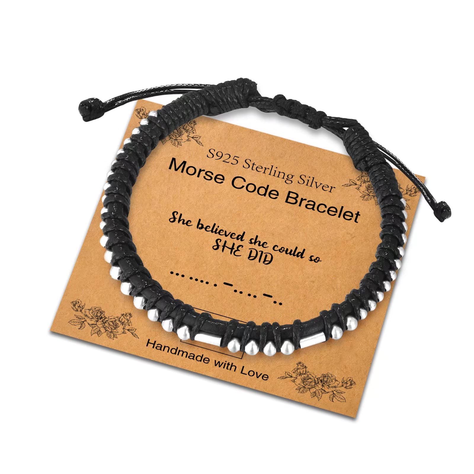 Sterling Silver Morse Code Bracelet for Women & Men - Adjustable Leather Cuff with Inspirational Message - Unique Birthday, Friendship Jewelry Gift for Her & Him - Perfect for Everyday Wear, Special Occasions & Meaningful Gifting