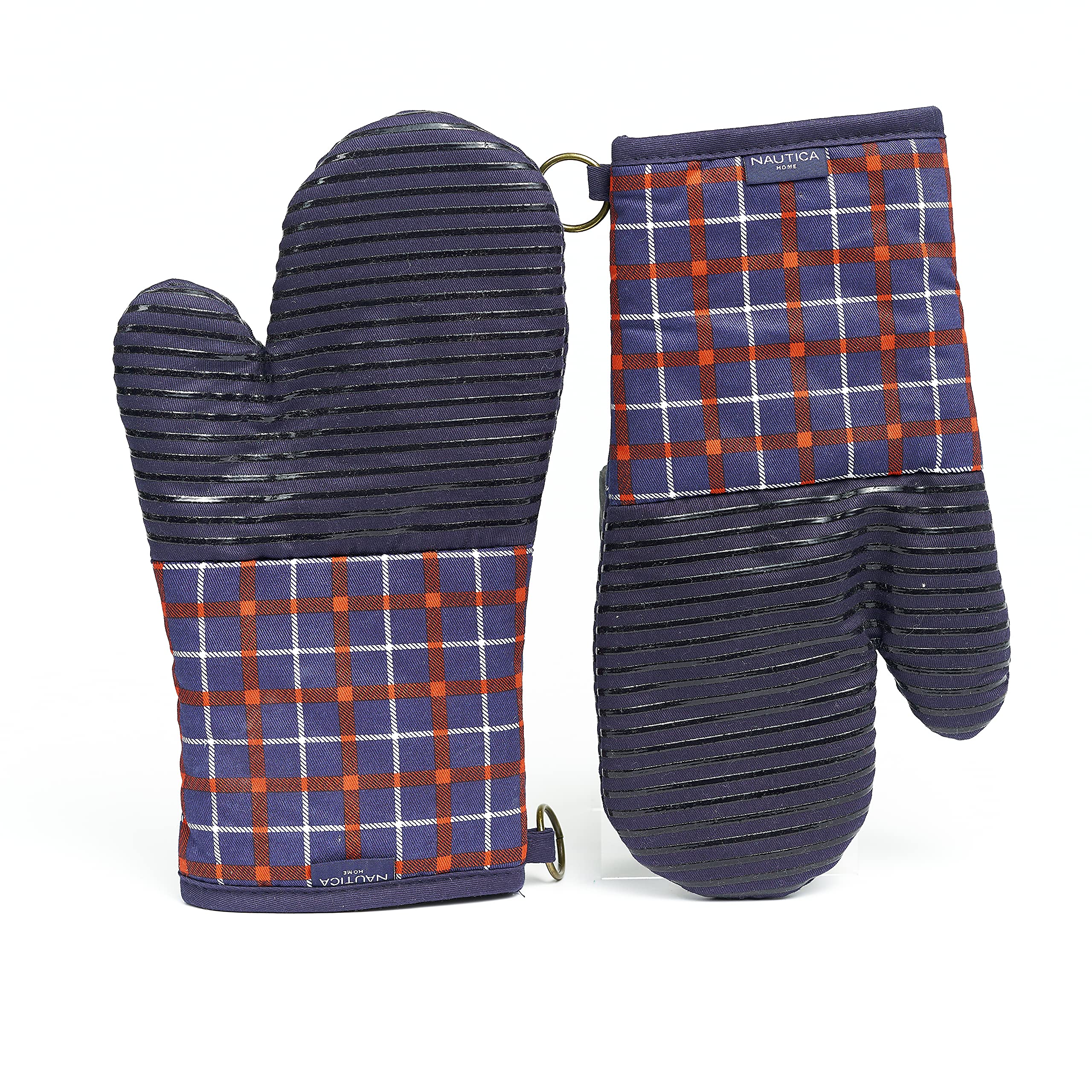 NAUTICA Home - Heat Resistant Kitchen Oven Mitts Set of 2 (500°F), Cotton Potholders with Non-Slip Silicone Grip - Red/Navy Plaid - Perfect for Baking, Grilling & Cooking Protection