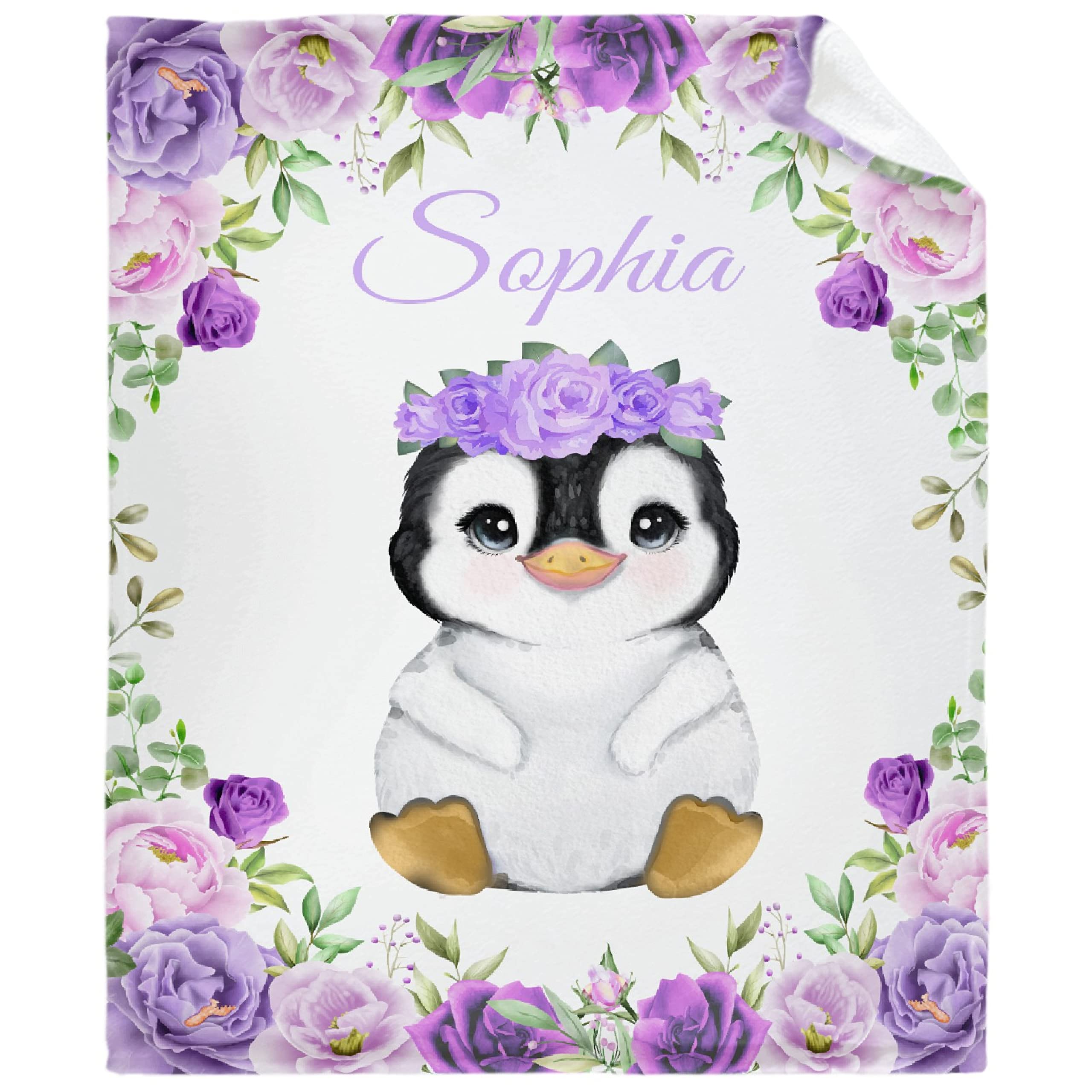 Personalized Baby Blankets for Girls & Boys - Custom Name Penguin Fleece Blanket | Soft Cozy Floral Throw for Newborns | Baby Shower Gift | XL Family Bed Blanket for Nursery, Crib & Travel