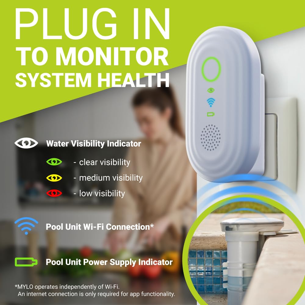 MYLO Smart AI Pool Alarm with Dual Cameras - Underwater Drowning Detection System for Inground & Above Ground Pools - Child Safety Swimming Pool Monitor (White) - Perfect for Backyard, Vacation Homes & Family Water Safety