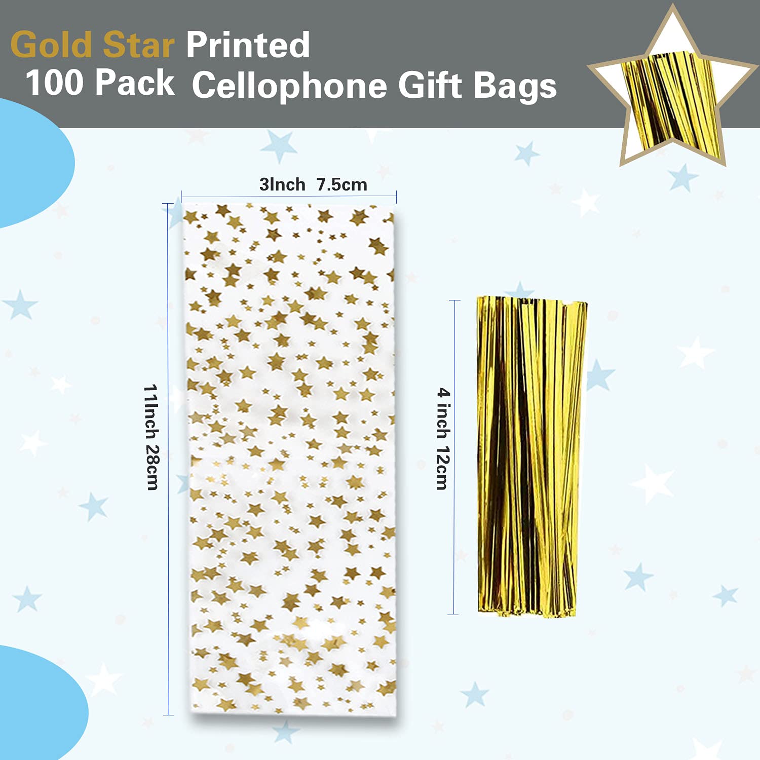 100 Pcs Gold Star Printed 3