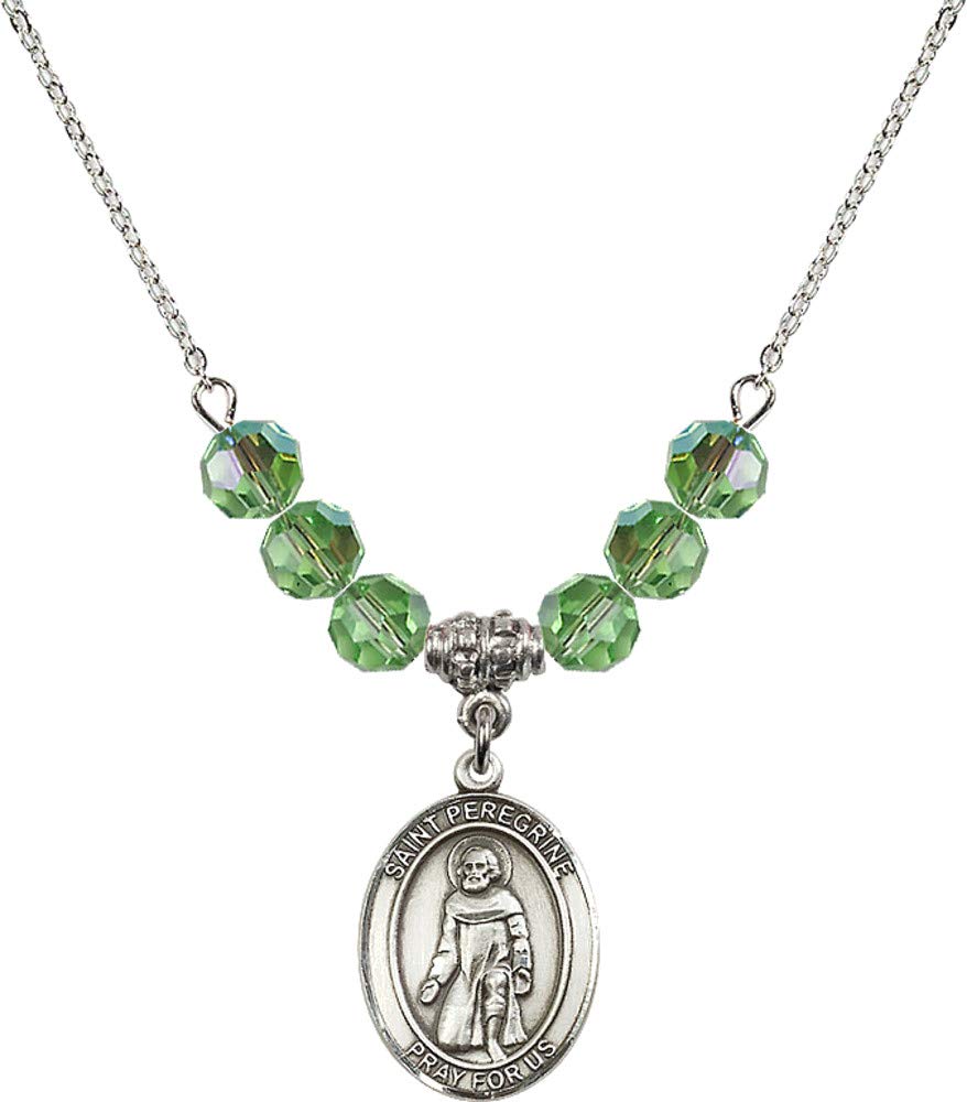 Bonyak Jewelry 18 Inch Rhodium Plated Necklace with 6mm Green August Birthstone Beads & Saint Peregrine Laziosi Pendant - Perfect Gift for August Birthdays, Baptisms, and Religious Occasions