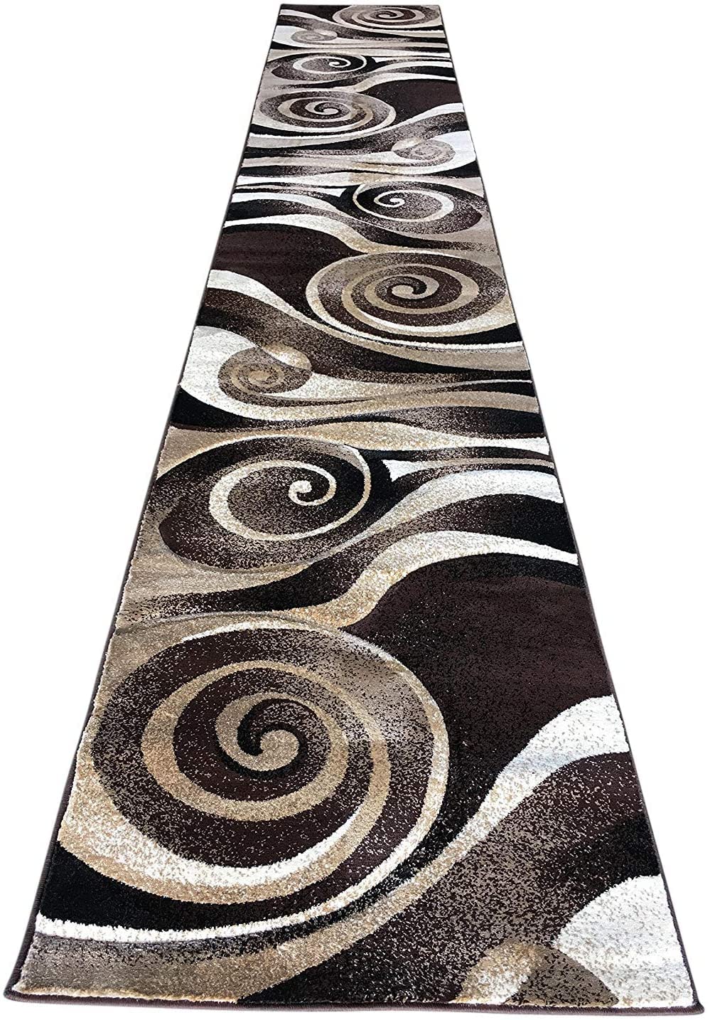 Modern Abstract Runner Rug - Chocolate Brown, Beige & Black Contemporary Design - 32