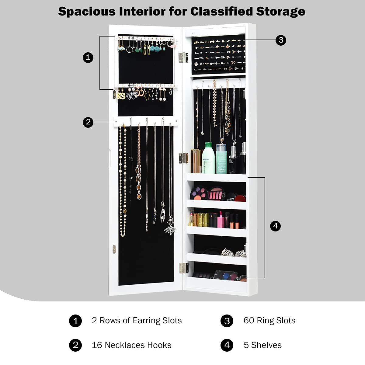 AUGESTER 12 LED Jewelry Cabinet Organizer - Wall/Door Mounted Jewelry Armoire with Full Length Mirror, Ring & Earring Slots, Necklace Hooks & 5 Storage Shelves - Large Capacity White Jewelry Storage (Perfect for Bedroom, Closet & Dressing Room Organization)