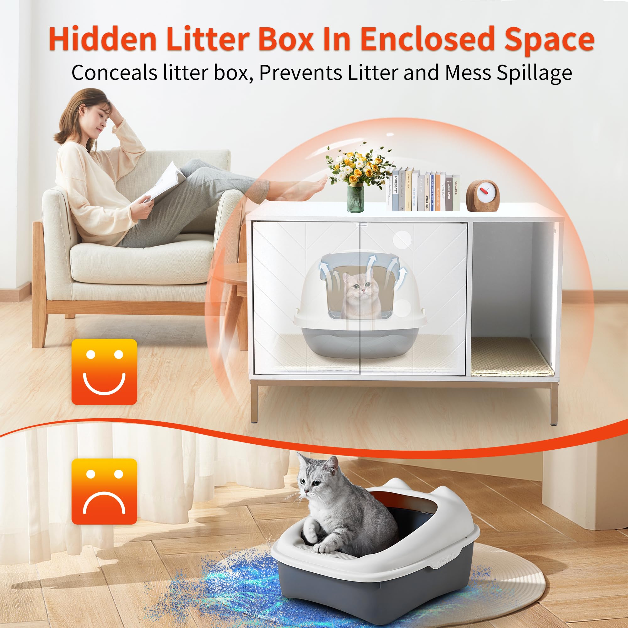 Premium Cat Litter Box Enclosure Furniture - Hidden Litter Box Cabinet with Double-Layer Litter Mat, Modern End Table & TV Stand Design for Living Room or Bedroom - Fits Most Standard Litter Boxes - Perfect for Small Spaces & Pet-Friendly Home Decor