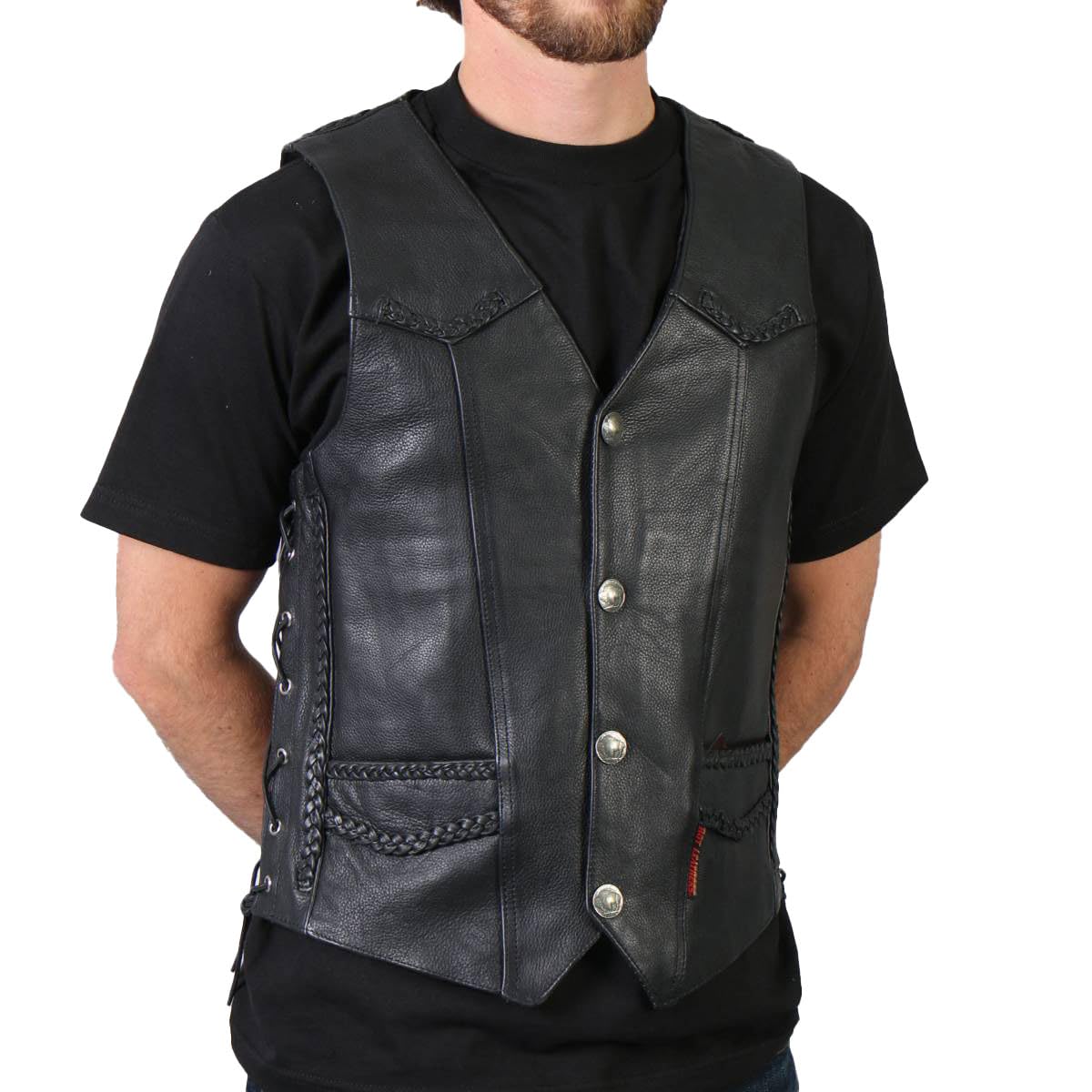 Black Heavyweight Leather Vest with Braided Detail for Men & Women | Premium Biker Jacket for Motorcycle Riding, Outdoor Adventures & Fashion
