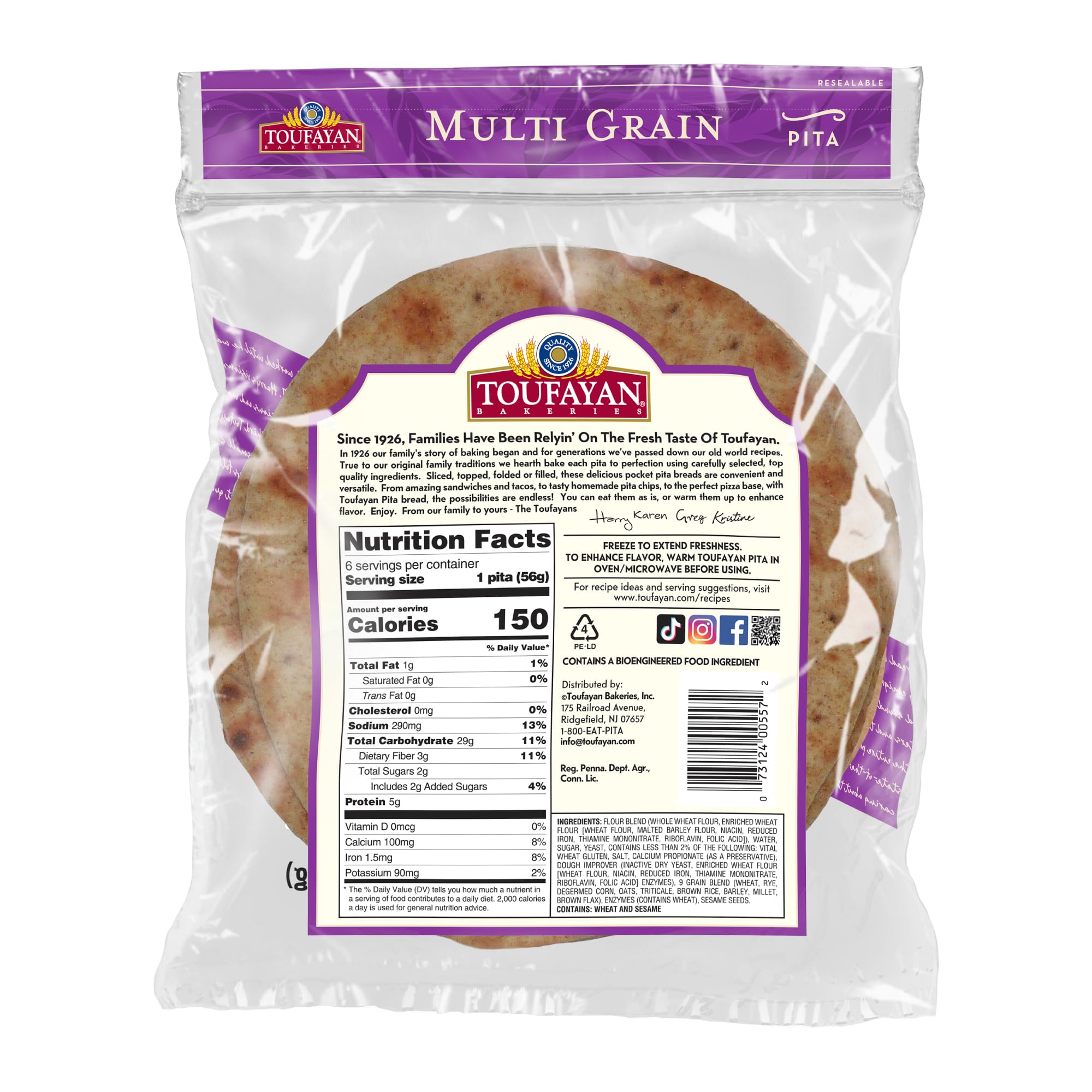 Toufayan Multi Grain Pita Bread - 3 Pack (18 Pitas Total) | Whole Wheat Healthy Flatbread for Sandwiches, Wraps & Mediterranean Meals