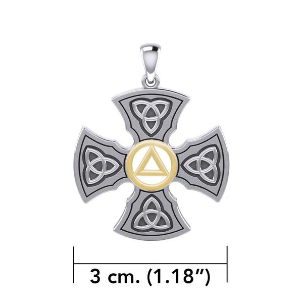 Templar Cross Sterling Silver & 14K Gold Accent Recovery Pendant with AA or NA Symbol - Adjustable Chain for 12-Step Programs & Spiritual Protection
