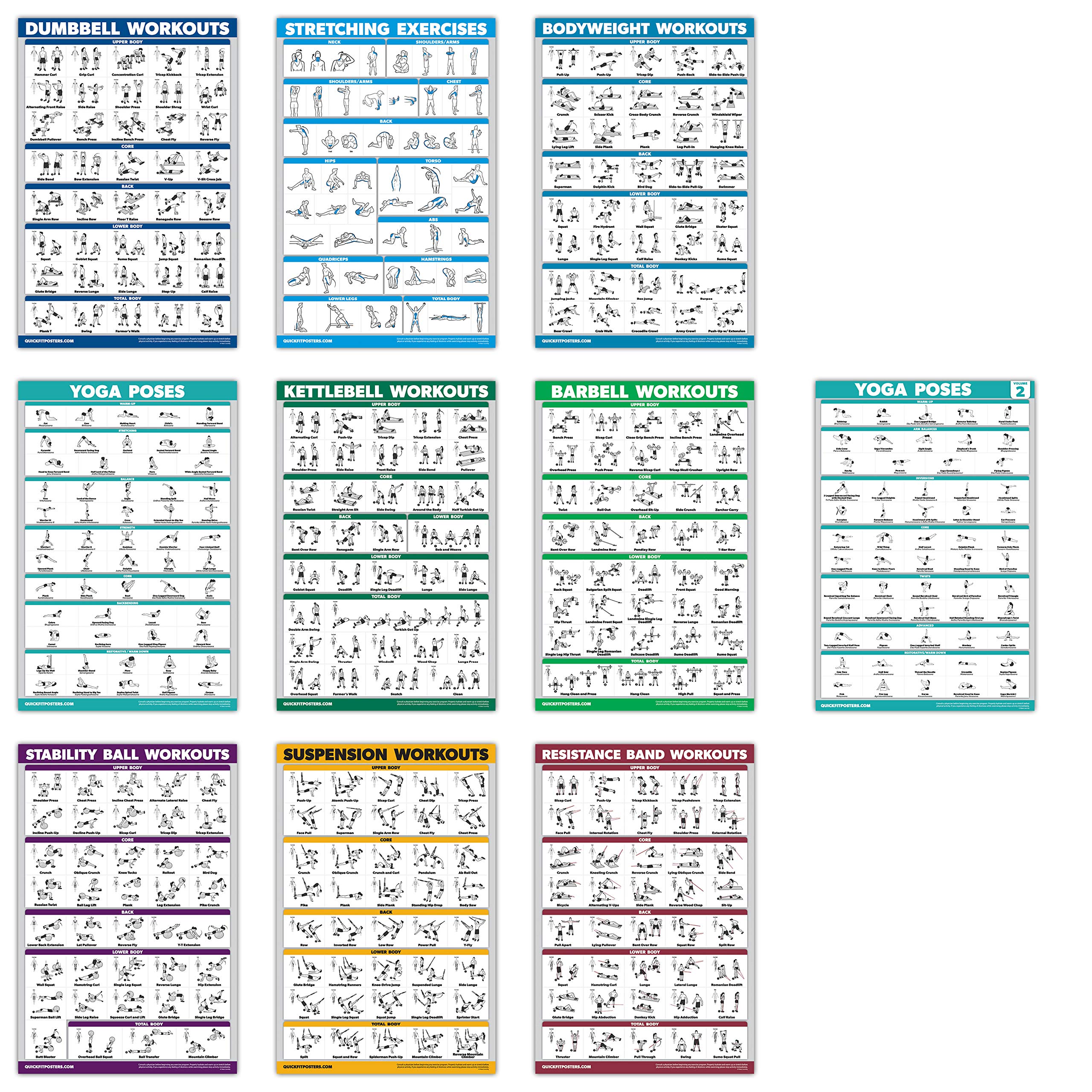 QuickFit 10-Pack Workout Poster Set - Yoga, Kettlebell, Resistance Bands, Bodyweight & More Exercise Guides (Laminated 18