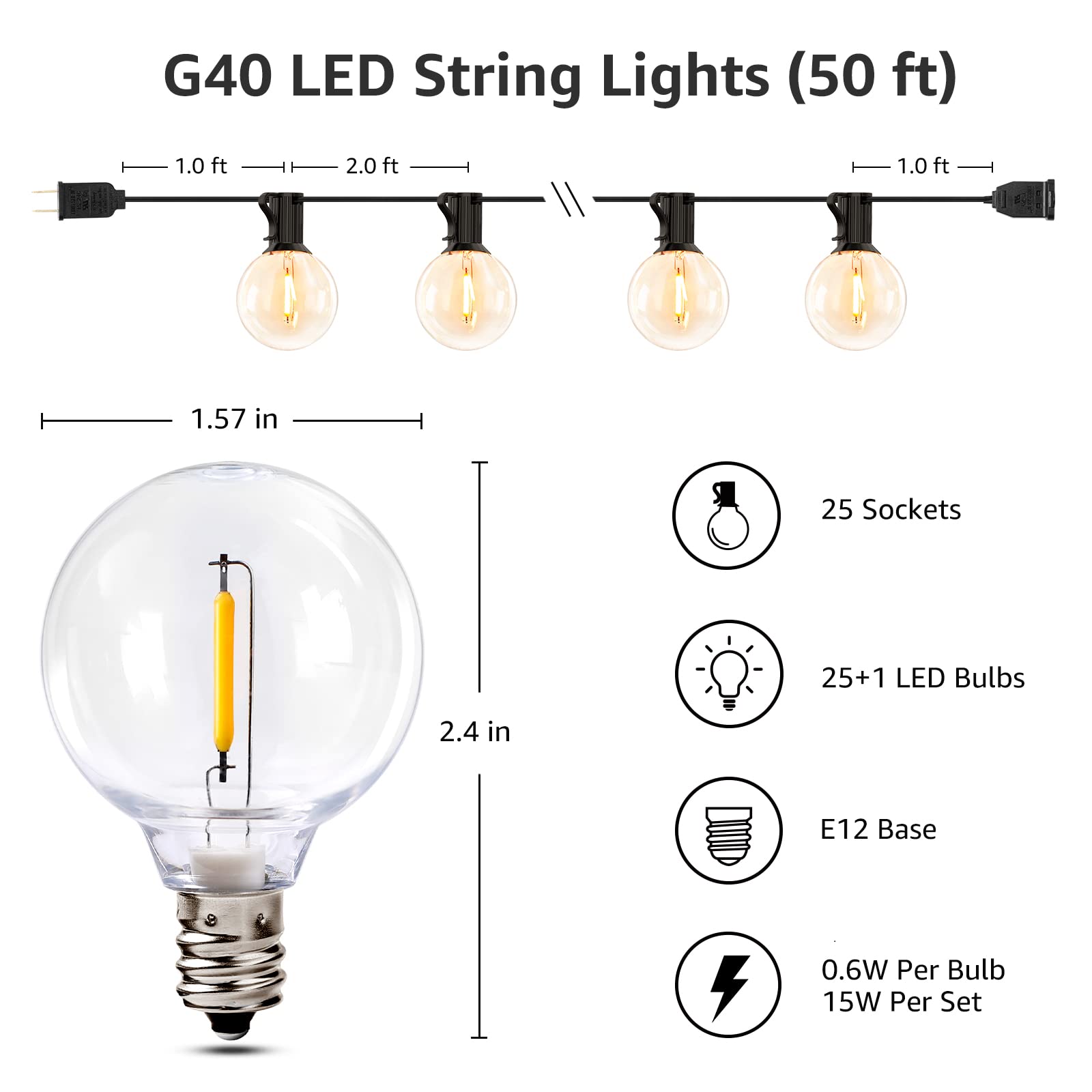 Lepro 50ft LED Outdoor String Lights - 26 Shatterproof G40 Globe Edison Bulbs, Waterproof Bistro Lights for Patio, Deck, Pergola, Porch, Garden & Gazebo | Perfect for Backyard Parties, Wedding Decor & Outdoor Dining