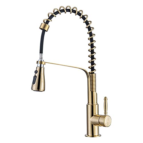 OMOONS Commercial Kitchen Sink Faucet - Deck Mounted Pull-Out Sprayer with Rotation Stream Nozzle, Hot & Cold Water Mixer Tap in Gold Finish - Perfect for Bars, Restaurants & Home Kitchens
