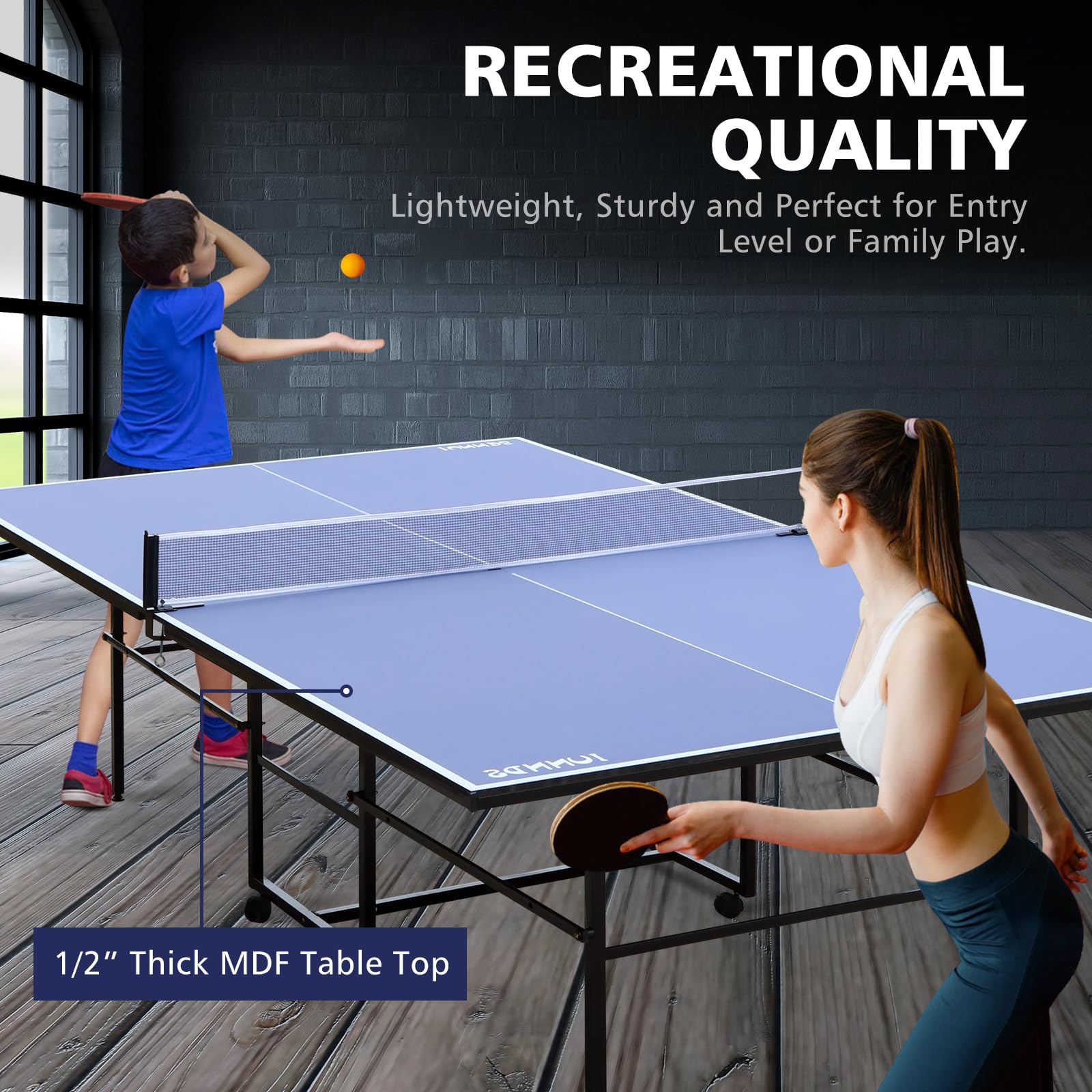 Regulation Size Folding Ping Pong Table with Wheels - Portable Indoor/Outdoor Table Tennis Set Includes 2 Paddles, 2 Balls & Net - Perfect for Home, Office, Backyard or Gym Use (Blue)