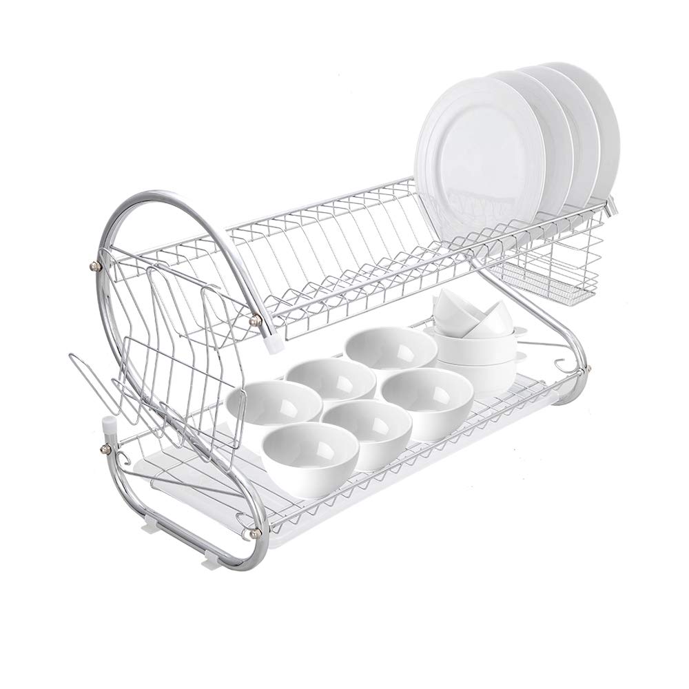 Stainless Steel 2-Tier Dish Drying Rack with Drainboard & Cup Holder - Space Saving Kitchen Organizer for Countertops