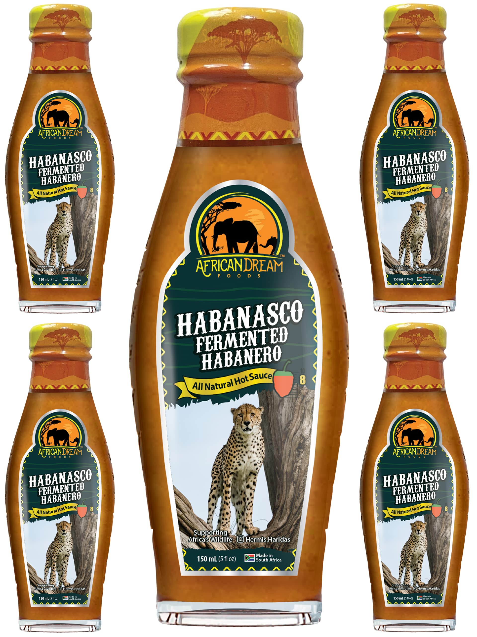 African Dream Foods Habanasco Fermented Habanero Hot Sauce - Tangy & Extremely Spicy Vinegar-Based Sauce in Glass Bottle (5 fl oz, 5-Pack) | Perfect for Tacos, Wings & Bloody Marys