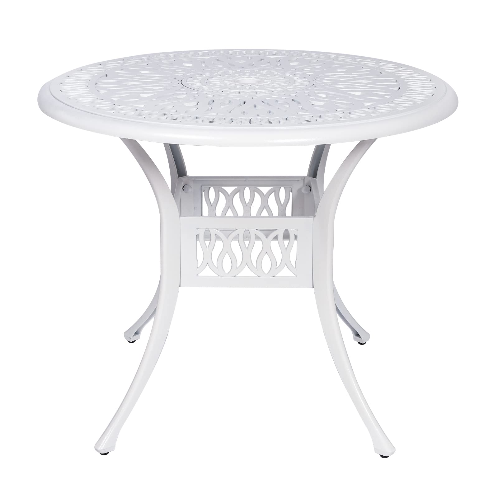 VIVIJASON 35.4 Inch Round Outdoor Patio Dining Table - White Rustic Cast Aluminum with Umbrella Hole - Perfect for Backyard, Garden, Poolside & Outdoor Entertaining