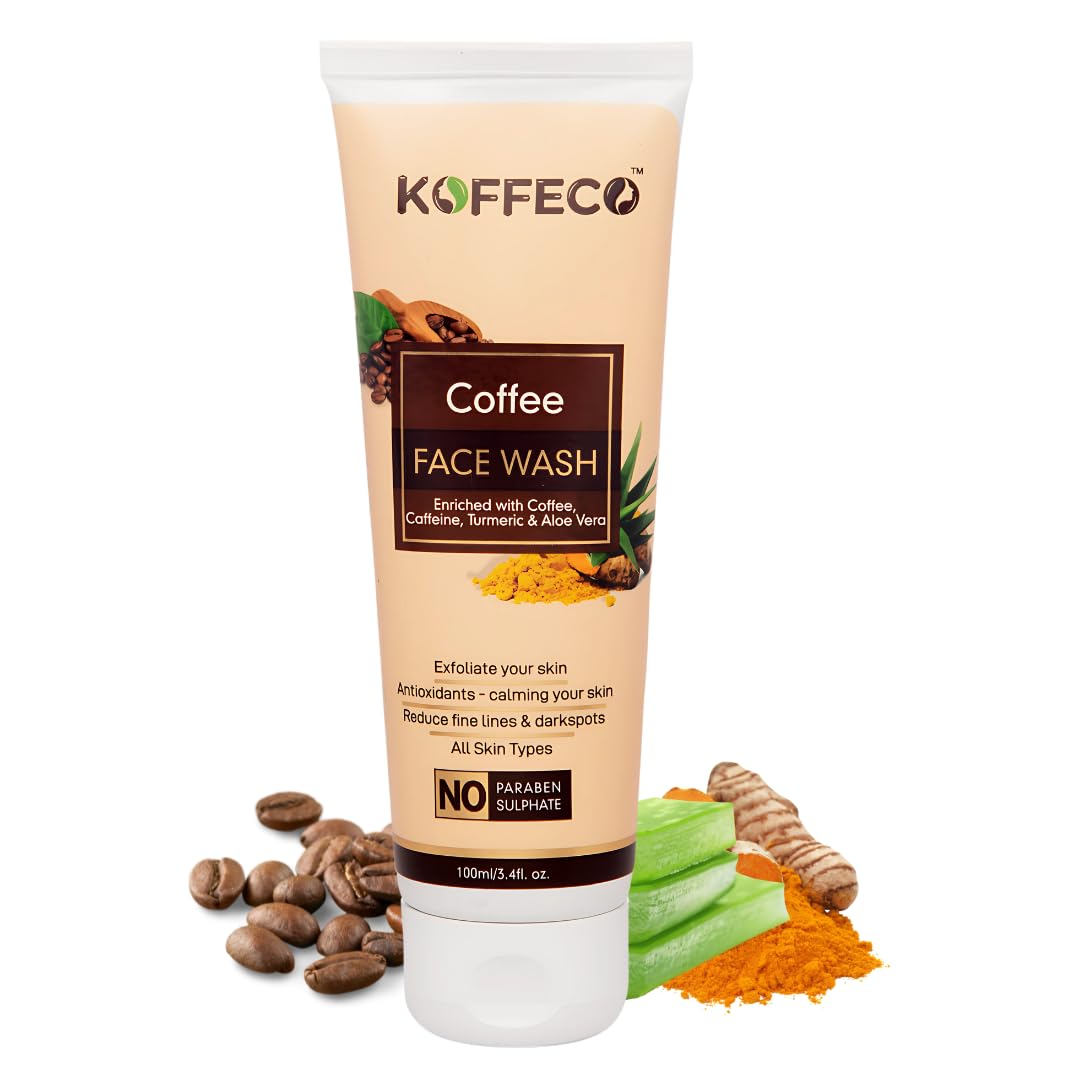 Koffeco 100ml Coffee Face Wash for Acne-Prone & Oily Skin - Detan Cleanser with Aloe Vera & Turmeric, Prevents Dark Circles & Aging, Acne Treatment for Men & Women | Daily Skincare Routine for Clear & Glowing Skin