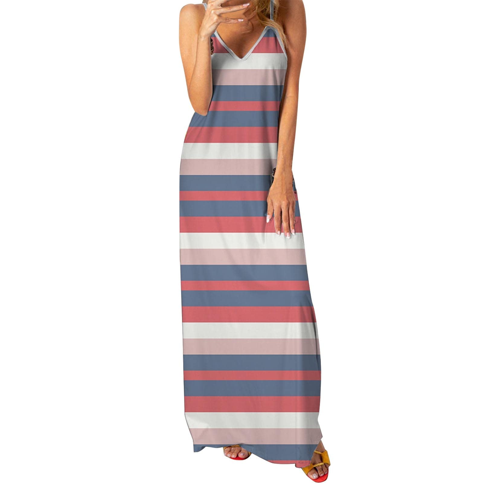 XXFF Women's Sexy Printed V-Neck Maxi Dress - Spaghetti Strap Summer Sundress for Beach, Party & Vacation | Flowy Long Dress for Casual Outings, Date Night & Tropical Getaways