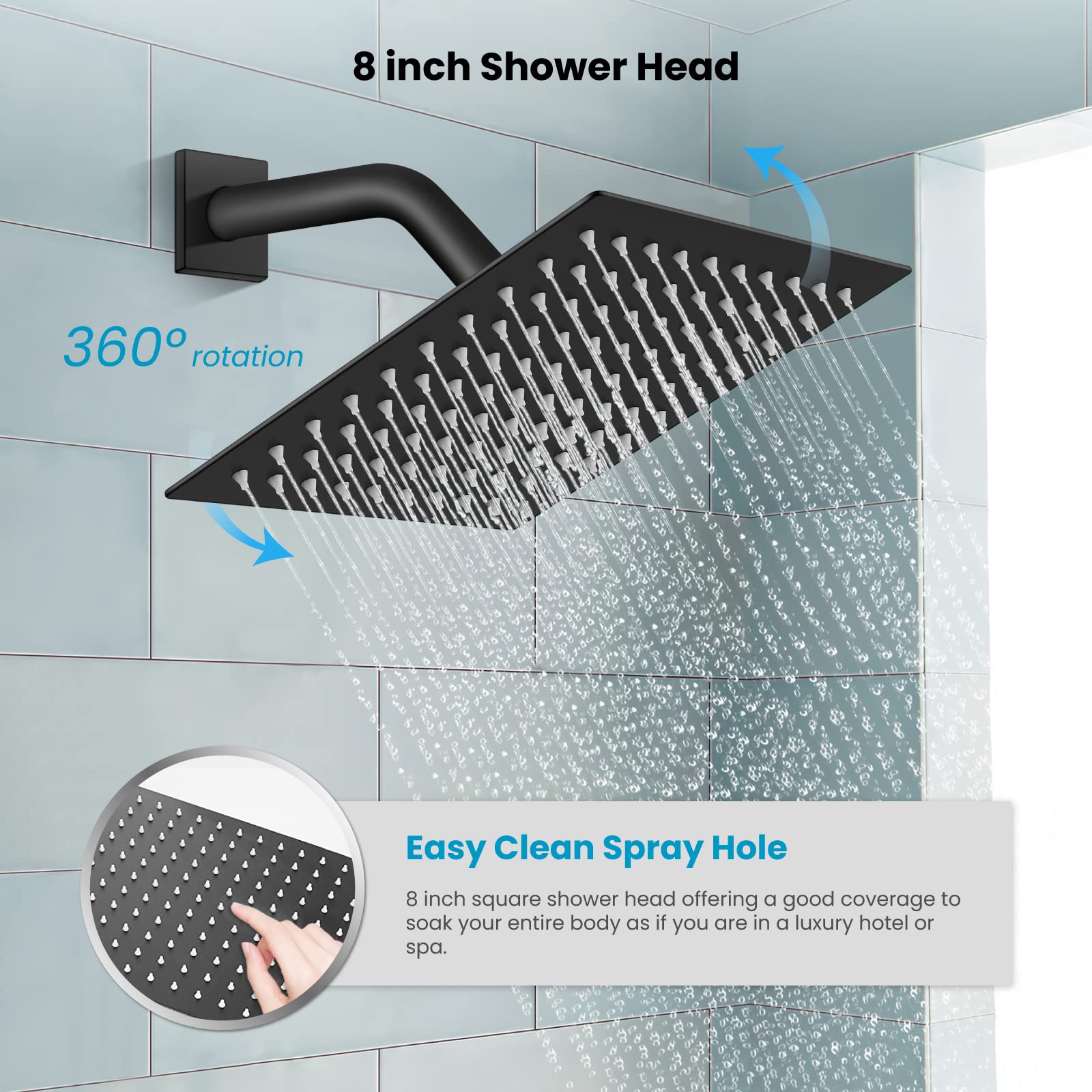 Gotonovo Rainfall Shower System - 8 Inch Matte Black Shower Head & Handle Set with Pressure Balancing Mixer Valve, Wall Mounted Solid Brass Combo for Luxurious Bathroom Experience | Perfect for Modern & Spa-Like Showers