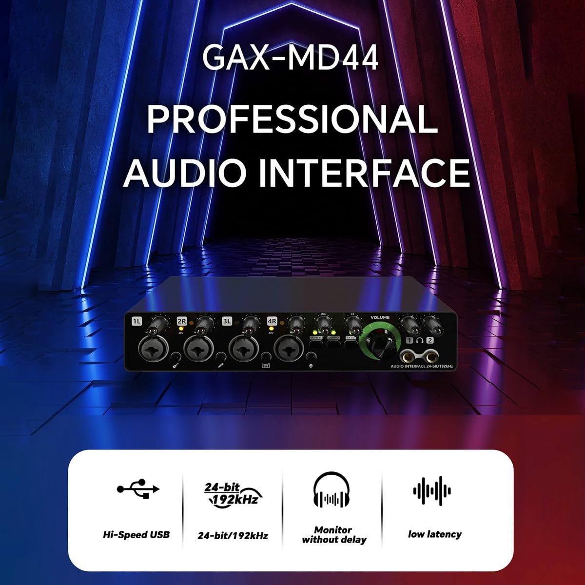 Komdndht -MD44 Professional USB Microphone Sound Card with 24Bit 192KHz Audio Interface, 4-Channel Recording for Podcast, Music, Instruments - Easy Plug & Play Setup for Home Studio & Live Streaming