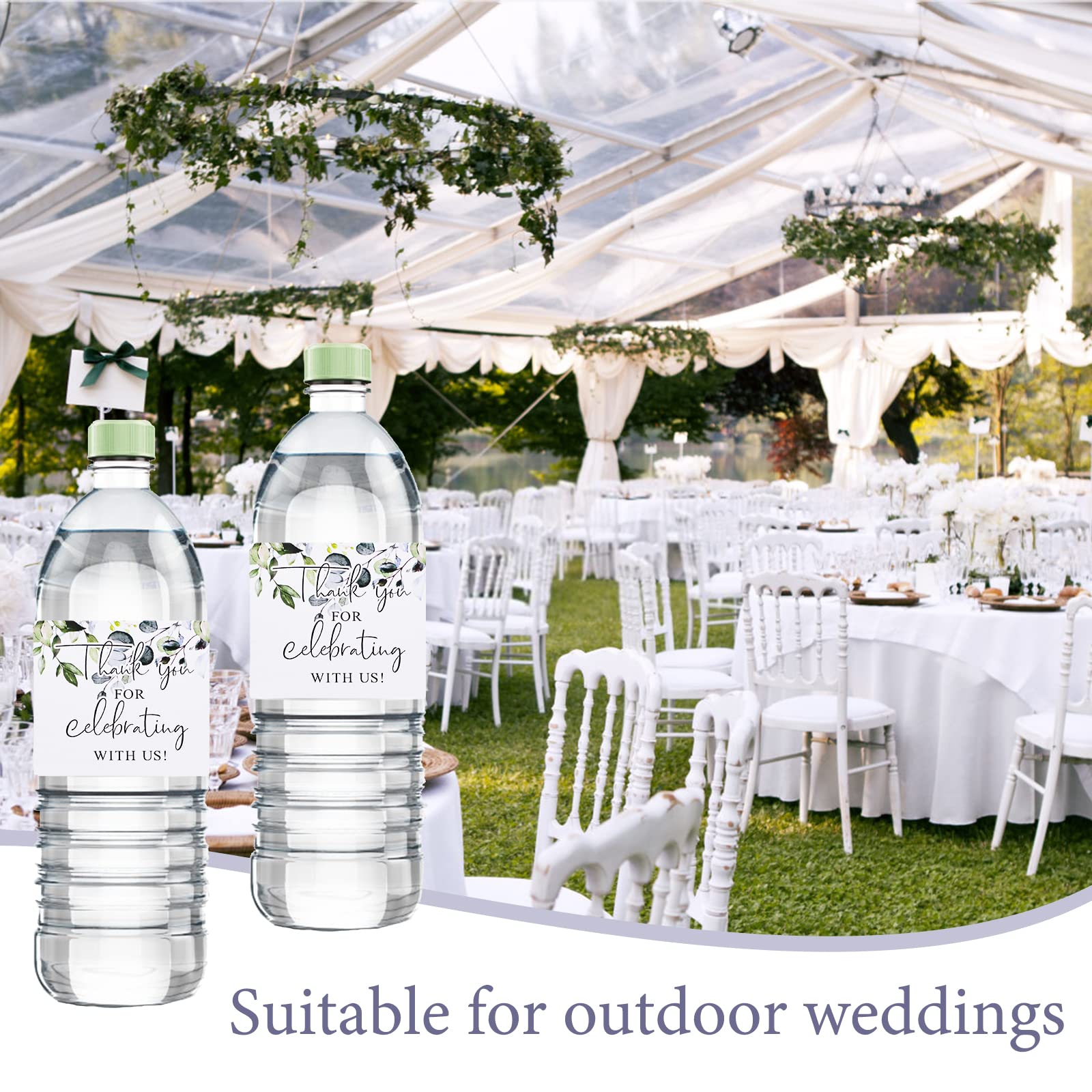 URROMA 50-Pack Greenery Plant Water Bottle Labels - Waterproof Wedding, Birthday & Baby Shower Thank You Stickers - Perfect for Party Favors, Bridal Showers & Special Events