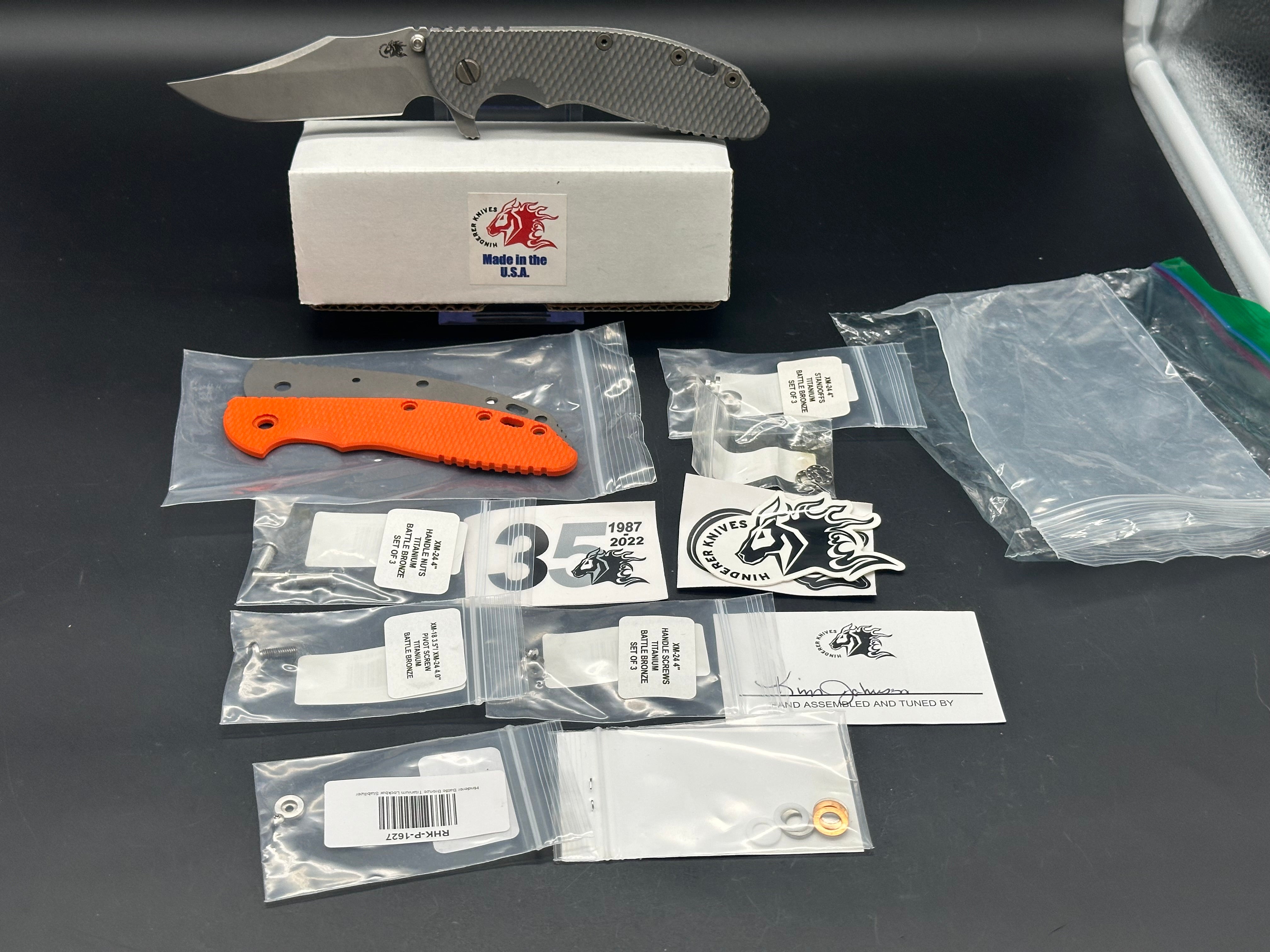 Hinderer XM-24 Bowie Knife - Full Titanium Blade with Working Finish & Orange G10 Scale - EDC, Outdoor Survival, Camping, Hunting Gear