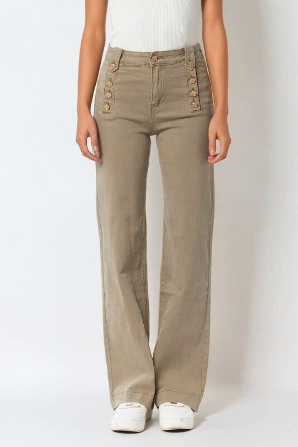 Women's High Waist Straight Leg Jeans with Gold Side Buttons in Beige - Perfect for Casual Outings, Office Wear & Date Nights