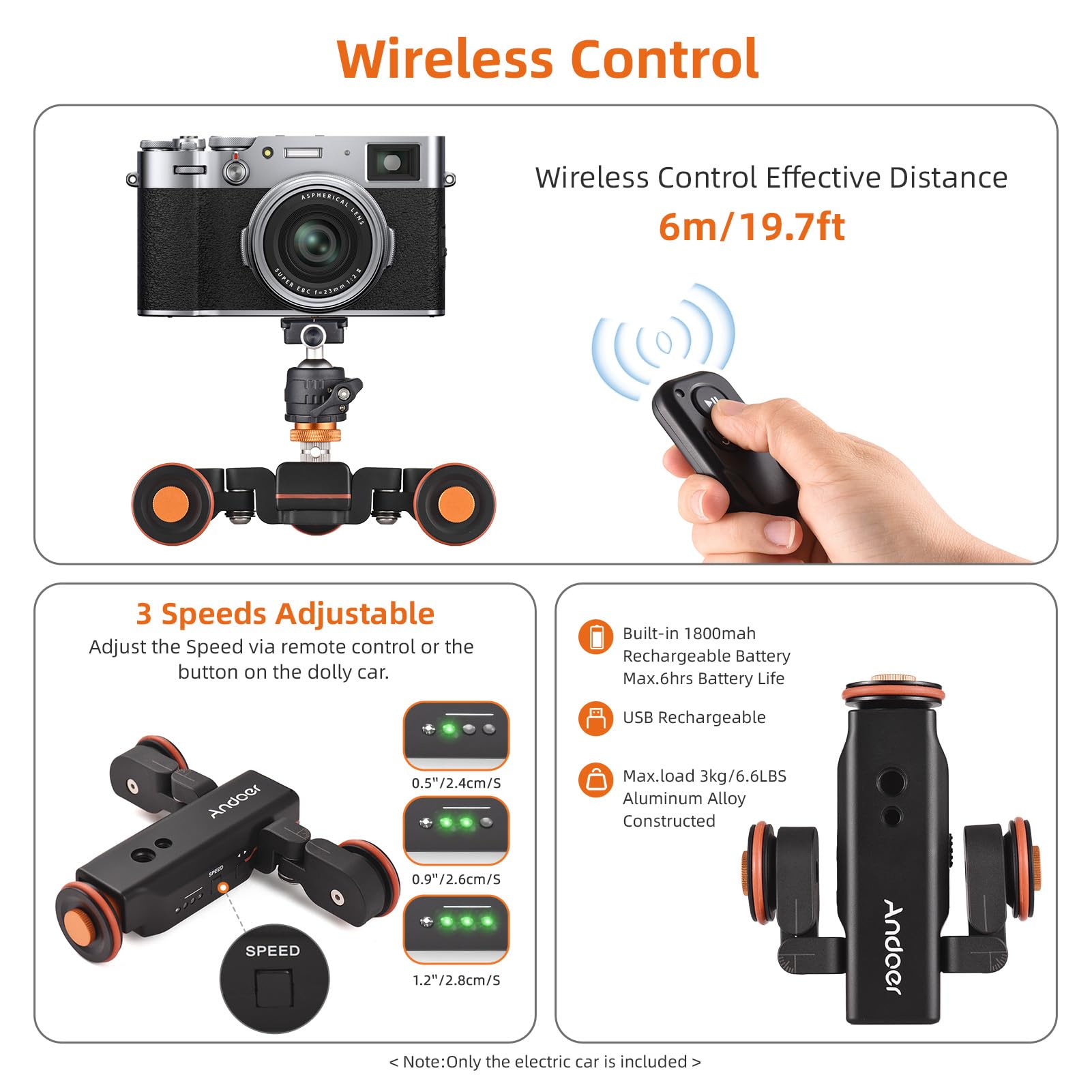 Andoer Motorized Camera Dolly with Ballhead & Phone Mount - 3-Speed Remote Control Slider for DSLR, iPhone, Android, GoPro, Insta360 - Perfect for Vlogging, Film Making, Product Photography & TikTok Videos