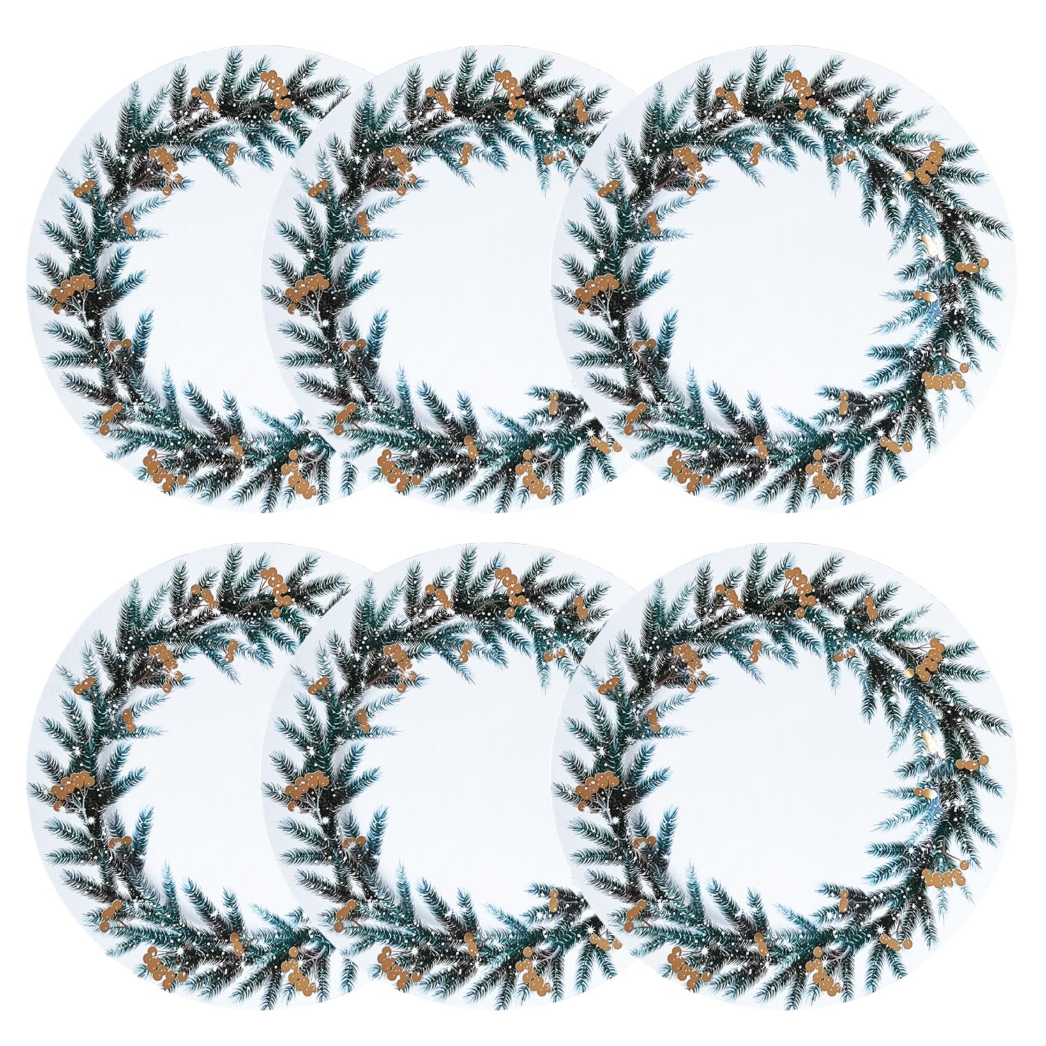 Henilosson 13-Inch Round Christmas Wreath Charger Plate - Holiday Dinnerware Set of 6 White Decorative Placemats - Perfect for Christmas Dinner, New Year's Party & Festive Table Setting