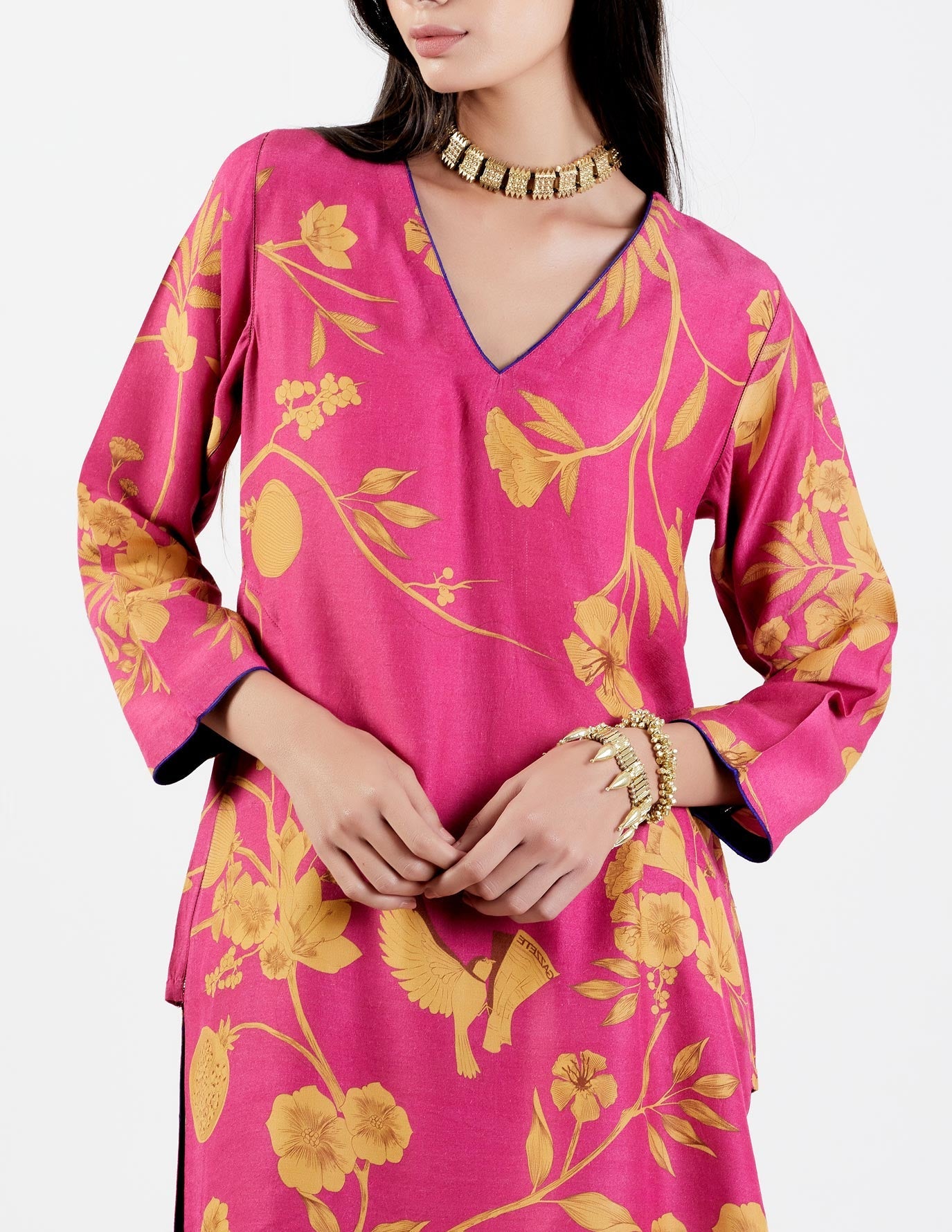 Elegant V Neck Kurta for Women - Premium Muga Satin Fabric - Royal Rani Style - Perfect for Festivals, Weddings & Special Occasions