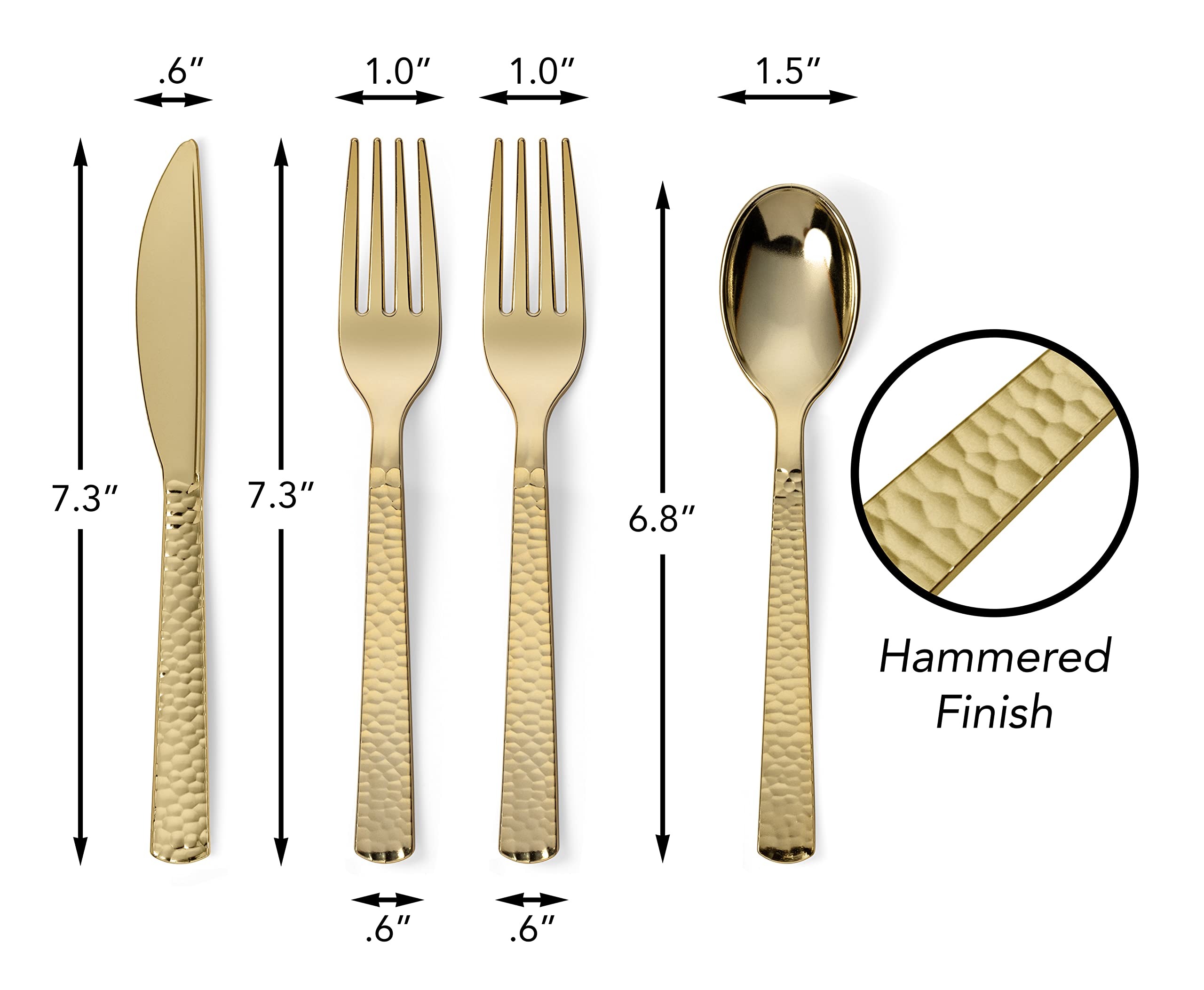 300-Piece Gold Plastic Cutlery Set - Elegant Metallic Silverware with Hammered Finish (75 Spoons, 75 Knives, 150 Forks) - Perfect for Weddings, Parties, and Special Events
