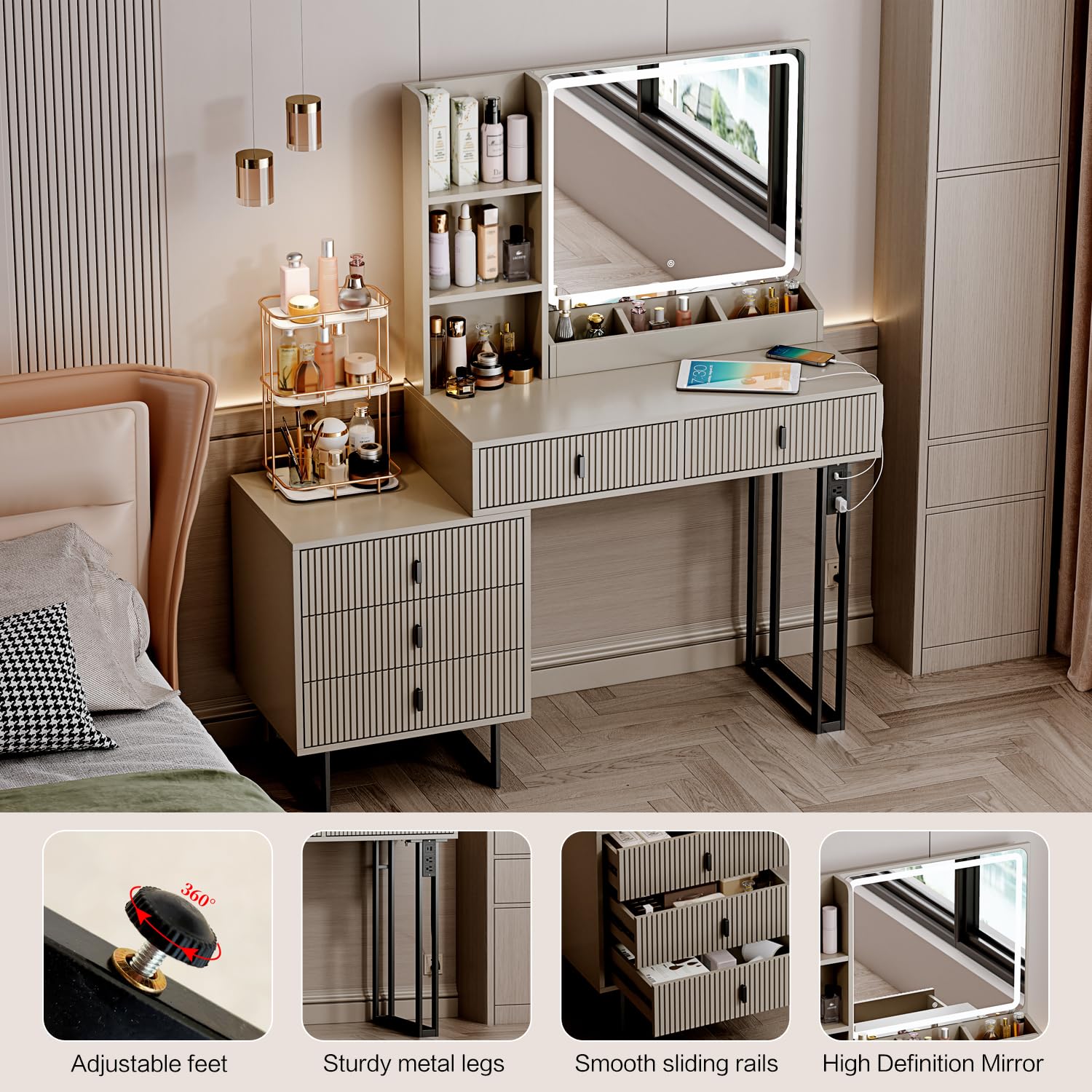 YYJ Makeup Vanity Desk with Large Mirror & LED Lights - 3 Lighting Modes, 5 Drawers & 3 Shelves Storage, Charging Station, Dressing Table with Nightstand for Bedroom (Gray) - Perfect for Makeup Application, Skincare Routine & Home Decor