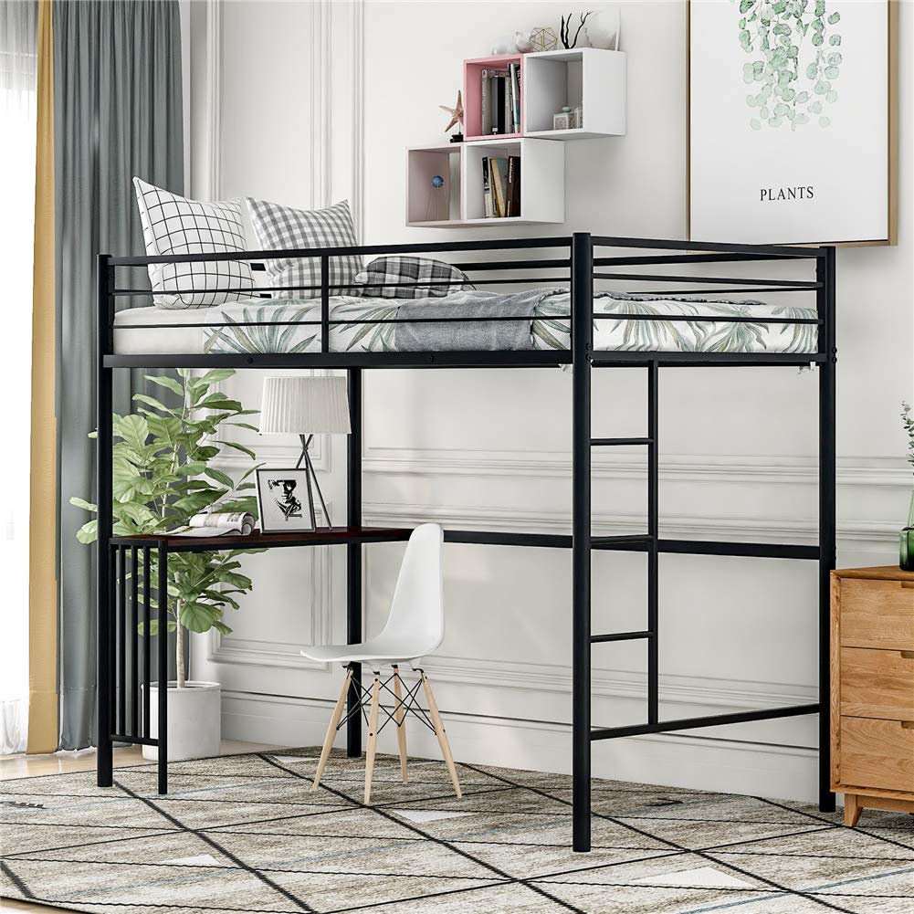 **Twin Size Metal Loft Bed with Desk & Guardrails - Space-Saving Kids Bed Frame with Built-in Ladder & Under-Bed Storage - Perfect for Small Rooms, Dormitories & Apartments (Black)**