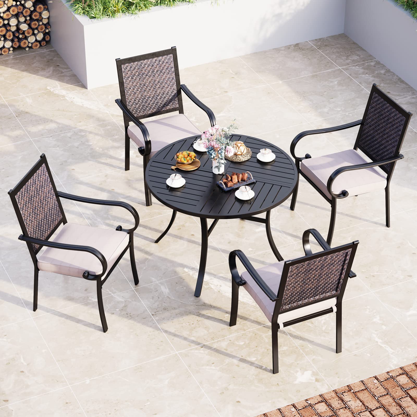 5-Piece Patio Dining Set with 4 PE Rattan Chairs & Round Table - Outdoor Furniture for Balcony, Backyard, Garden - Includes Cushions & 1.57