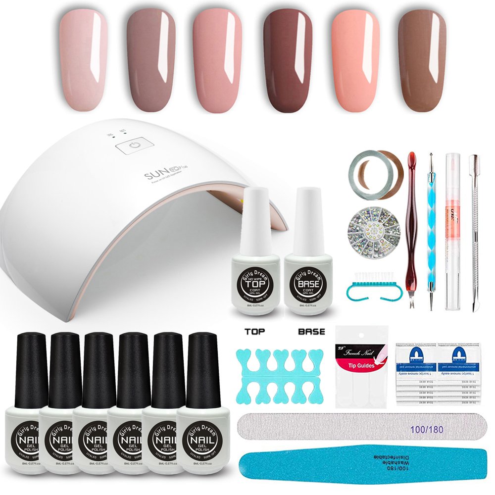 GirlyDream Gel Nail Polish Set - 6 Colors with Base & Top Coat, 36W Fast Curing LED Nail Lamp | Complete Manicure Kit for Beginners | At-Home Nail Art, Salon-Quality DIY Manicures