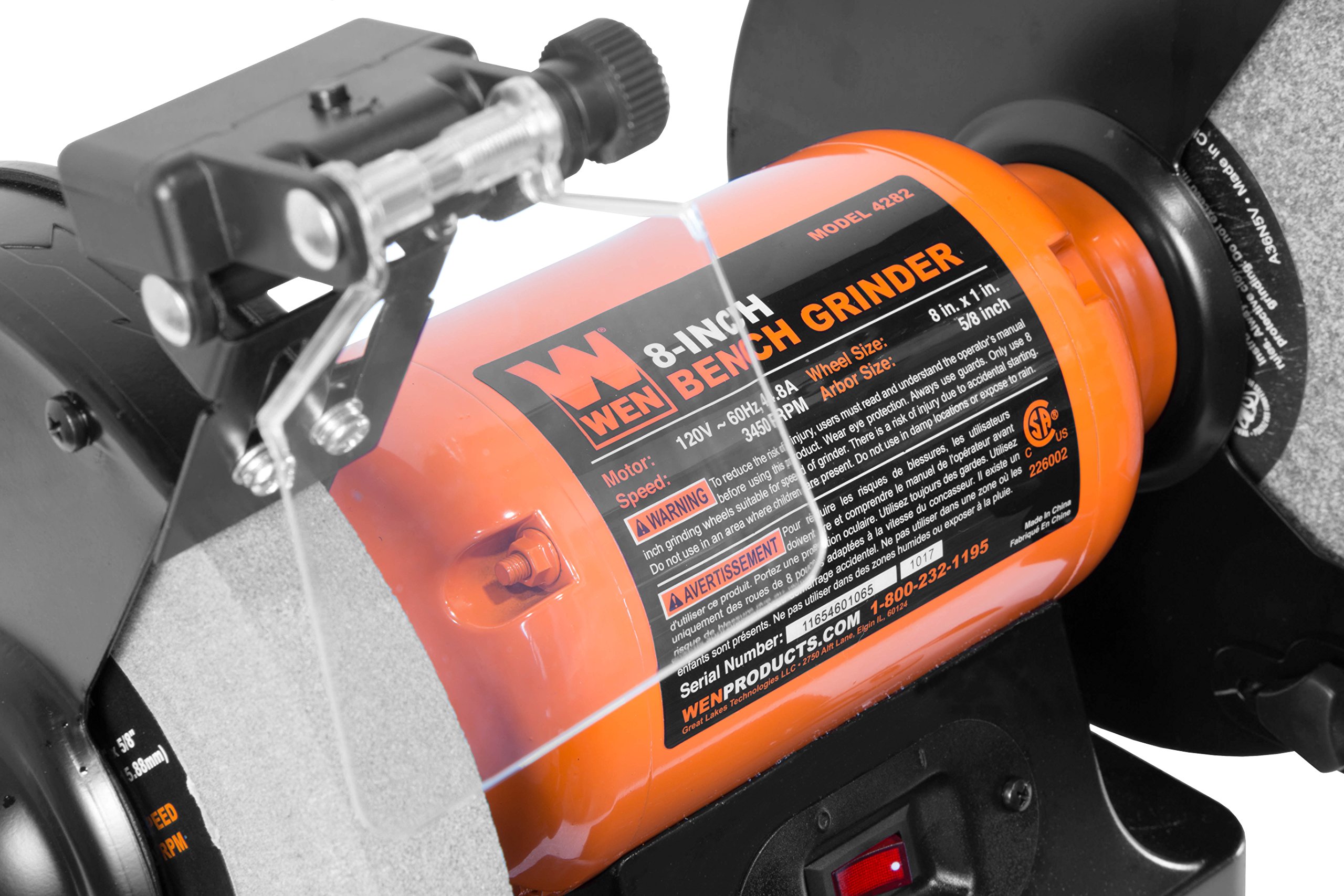 WEN BG4282 4.8-Amp 8-Inch Single Speed Bench Grinder with LED Work Lights | 14 x 10 x 11.75 Inches | Black & Orange | Perfect for Metalworking, Sharpening Tools & DIY Projects