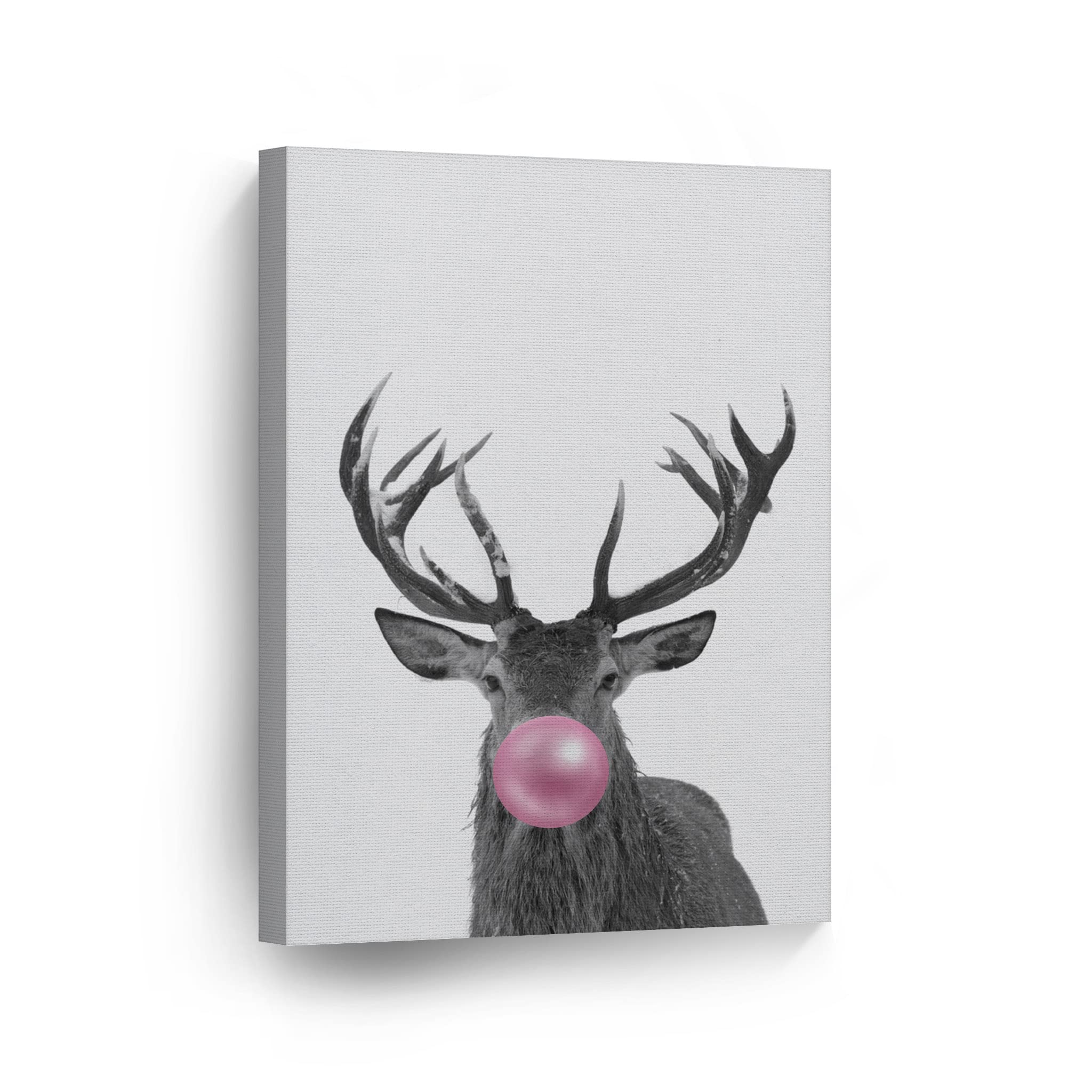 Smile Art Design Reindeer Animal Decor Bubble Gum Art Pink Canvas Print - Black and White Wall Art for Kids, Nursery Room Decor - Made in USA (40x30 Inches, Rolled) - Perfect for Baby Showers, Children's Bedrooms & Playrooms
