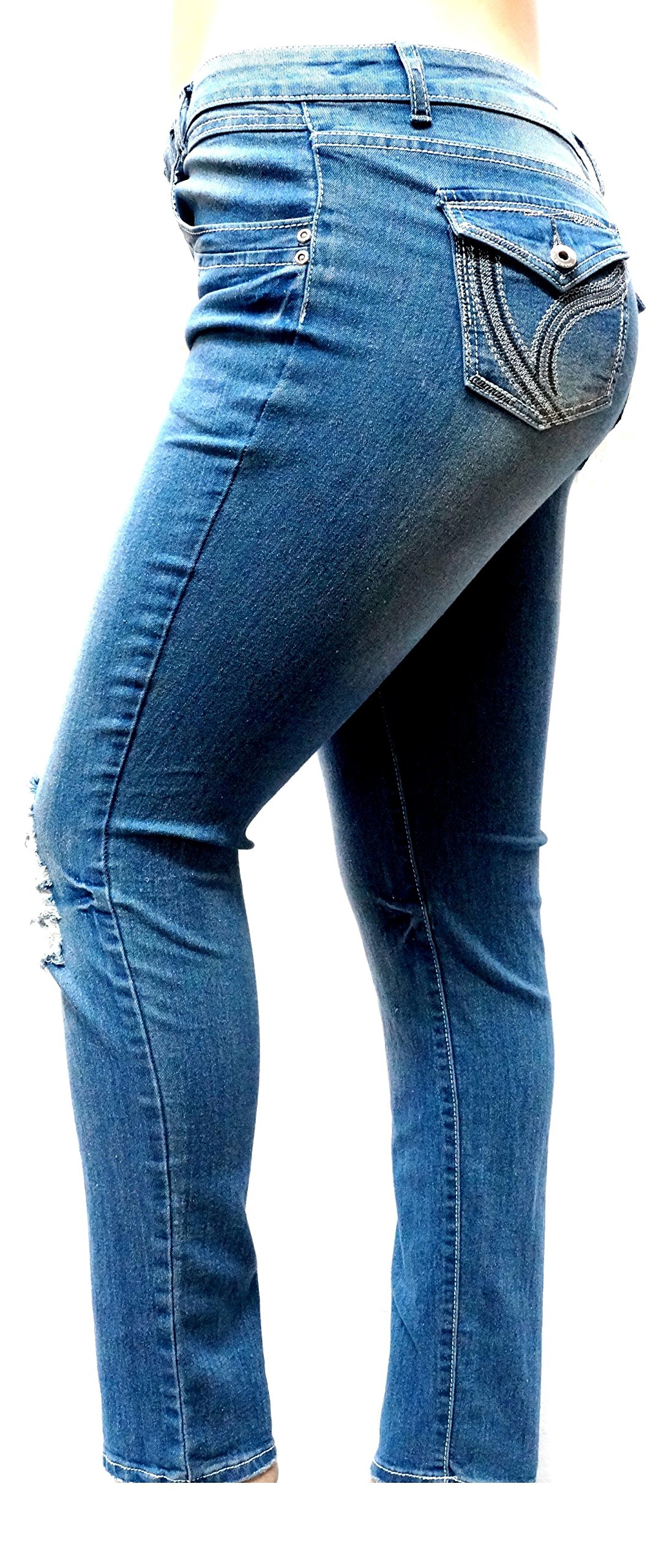 Premium Distressed Blue Denim Jeans for Women - Plus Size Skinny Leg Stretch Comfort Fit (Casual Wear, Night Out, Office Chic)