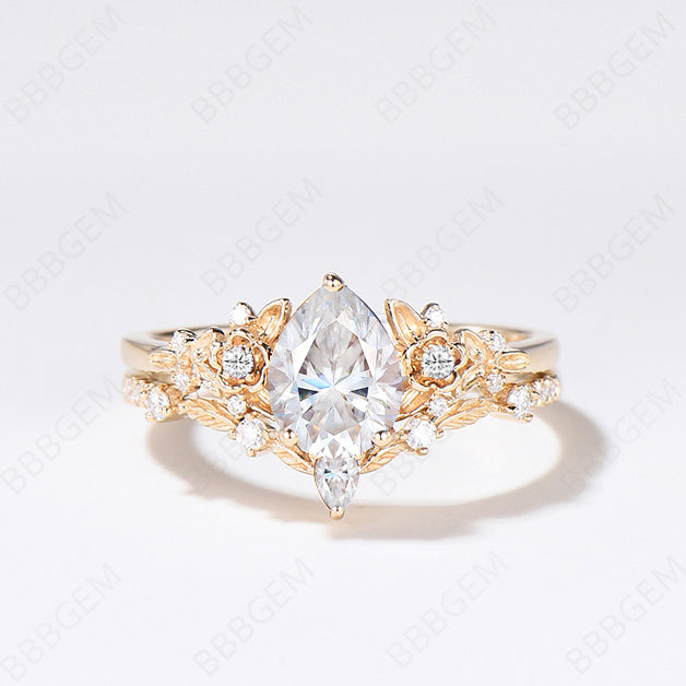 Pear Diamond Solid Gold Engagement Ring - Nature-Inspired Leaf & Flower Design for Women | Perfect for Wedding, Proposal, Anniversary & Romantic Occasions