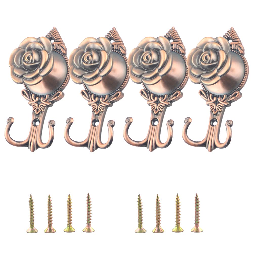 Vintage Decorative Drapery Rose Flower Curtain Tiebacks - 2 Pack Wall Mounted Hookbacks for Drapes & Coats (Dark Red Rose Design) - Perfect for Living Room, Bedroom & Window Decor