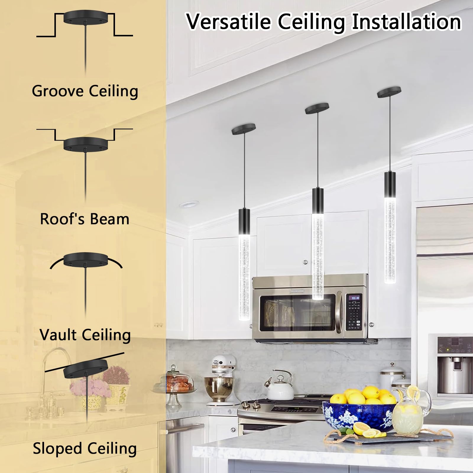 3 Pack Modern Black Dimmable LED Pendant Lights for Kitchen Island, Dining Room & Bedroom - Adjustable Hanging Lighting Fixtures for Home Decor