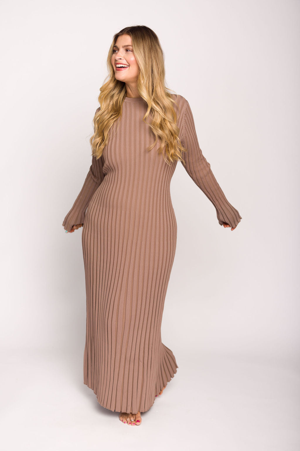Colette Premium Long Sleeved Ribbed Knit Maxi Dress in Dark Natural - Bump Friendly Maternity Dress for Pregnancy & Nursing | Perfect for Casual Outings, Date Nights & Special Occasions
